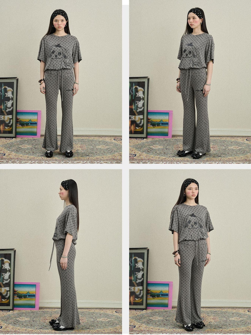 Achihara Polka Dot Asymmetric Slim Fit Elastic Waist Women'S Viscose Blend Flare Pants