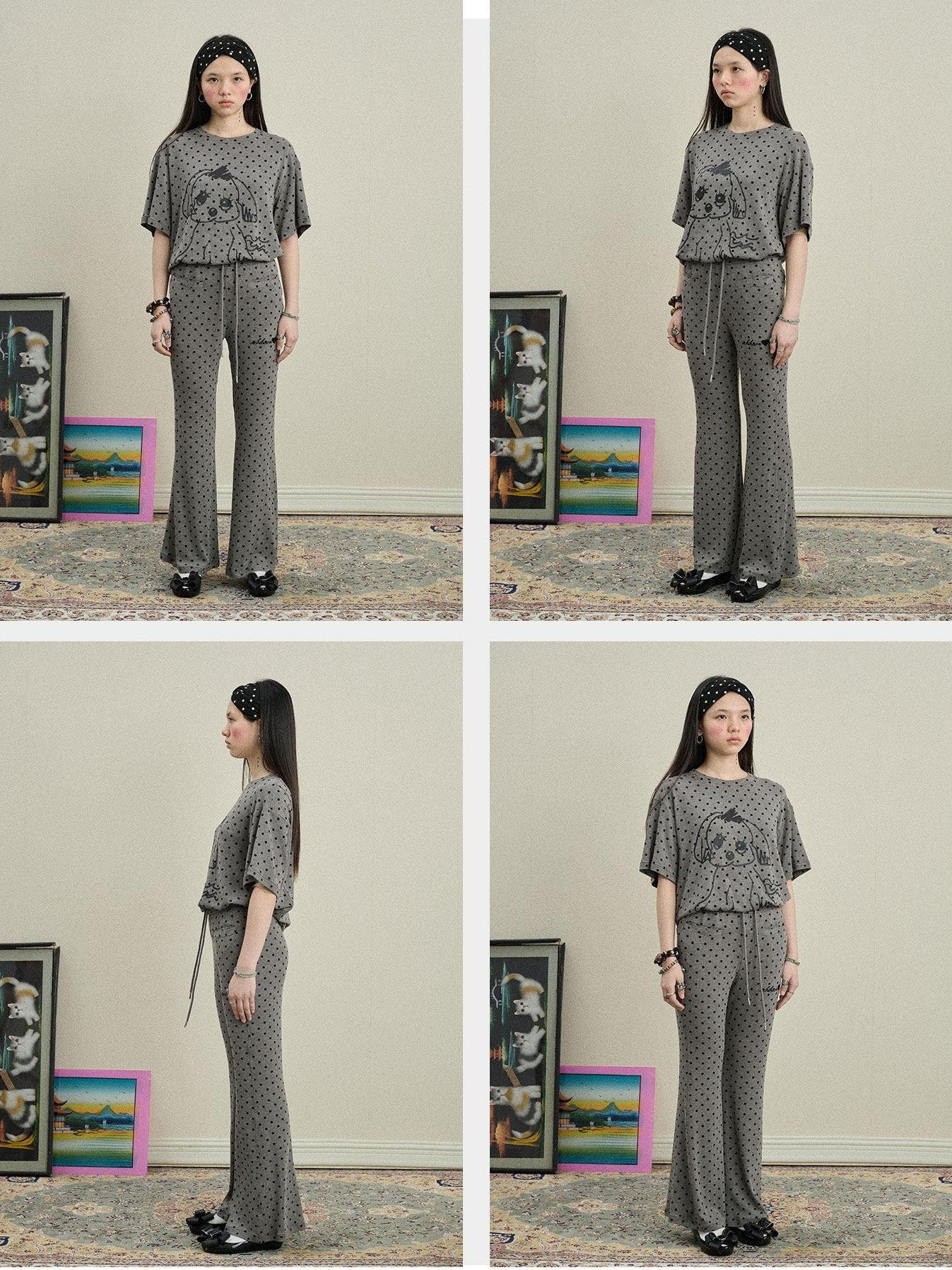 Achihara Polka Dot Asymmetric Slim Fit Elastic Waist Women'S Viscose Blend Flare Pants