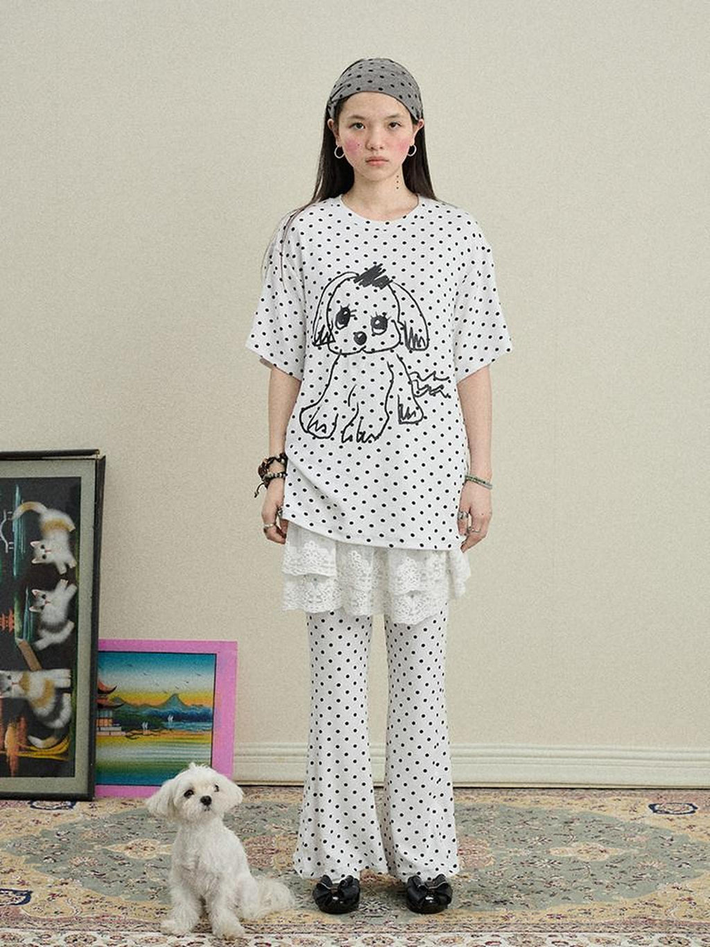 Achihara Polka Dot Asymmetric Slim Fit Elastic Waist Women'S Viscose Blend Flare Pants