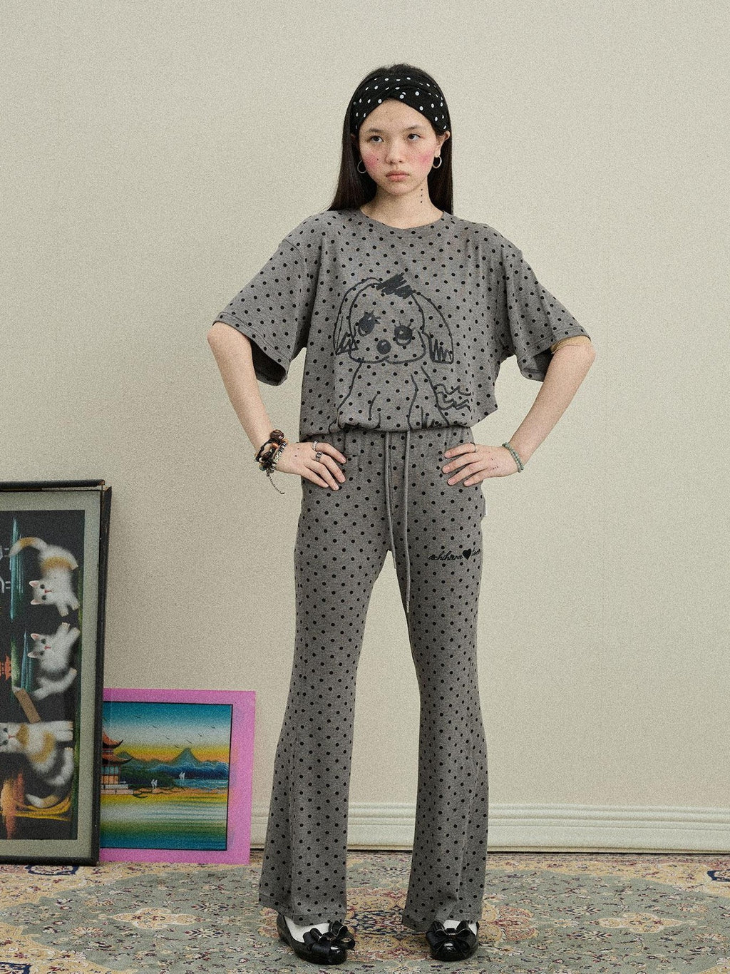 Achihara Polka Dot Asymmetric Slim Fit Elastic Waist Women'S Viscose Blend Flare Pants