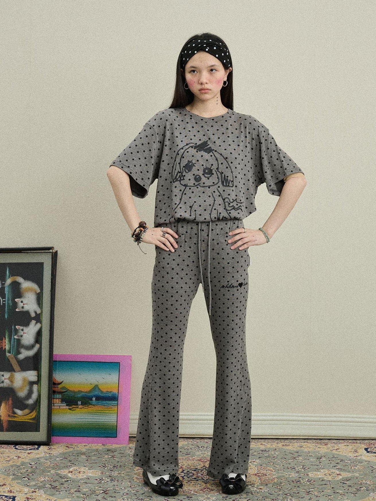 Achihara Polka Dot Asymmetric Slim Fit Elastic Waist Women'S Viscose Blend Flare Pants