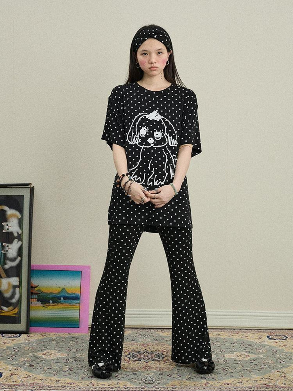 Achihara Polka Dot Asymmetric Slim Fit Elastic Waist Women'S Viscose Blend Flare Pants