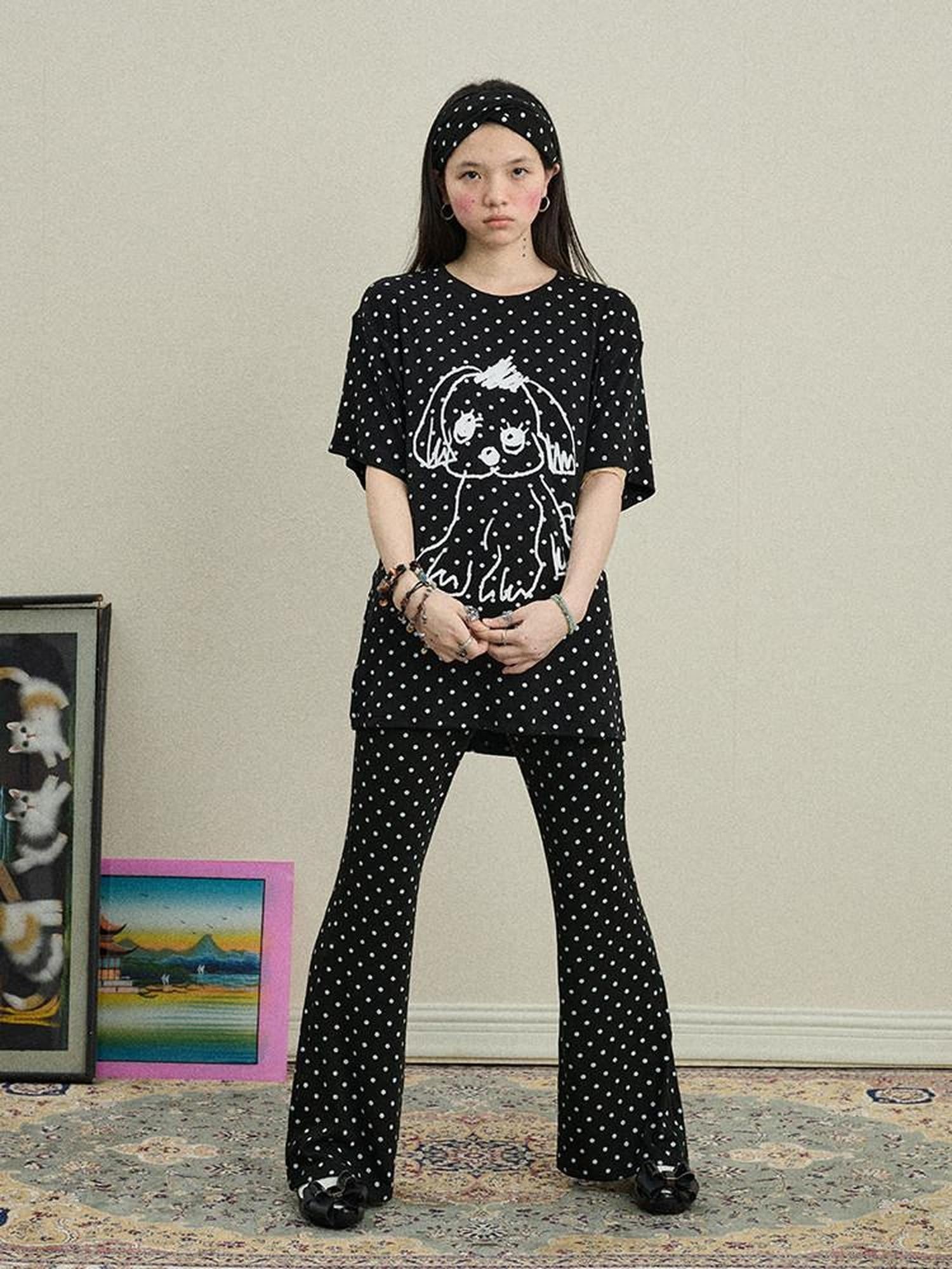 Achihara Polka Dot Asymmetric Slim Fit Elastic Waist Women'S Viscose Blend Flare Pants