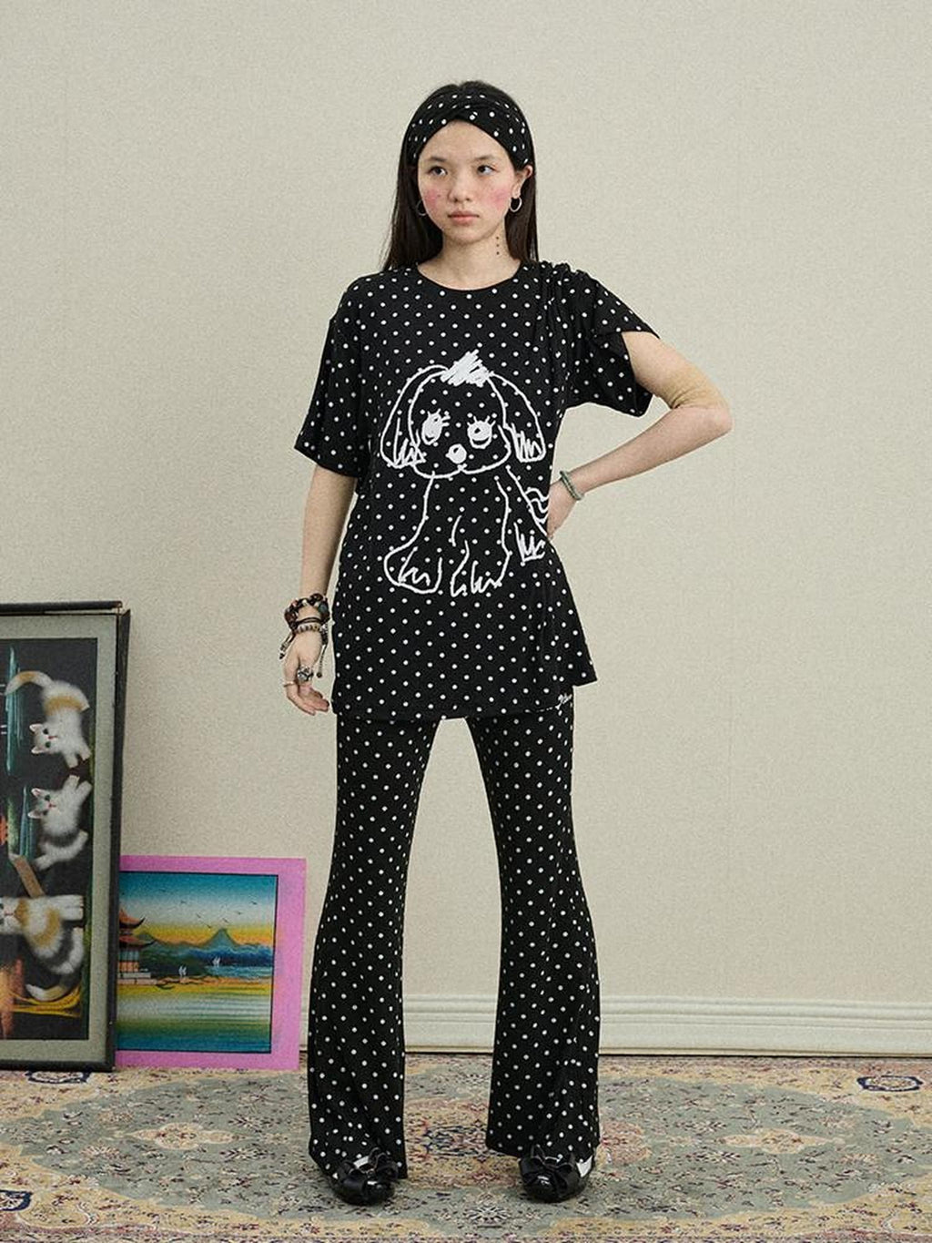 Achihara Polka Dot Asymmetric Slim Fit Elastic Waist Women'S Viscose Blend Flare Pants