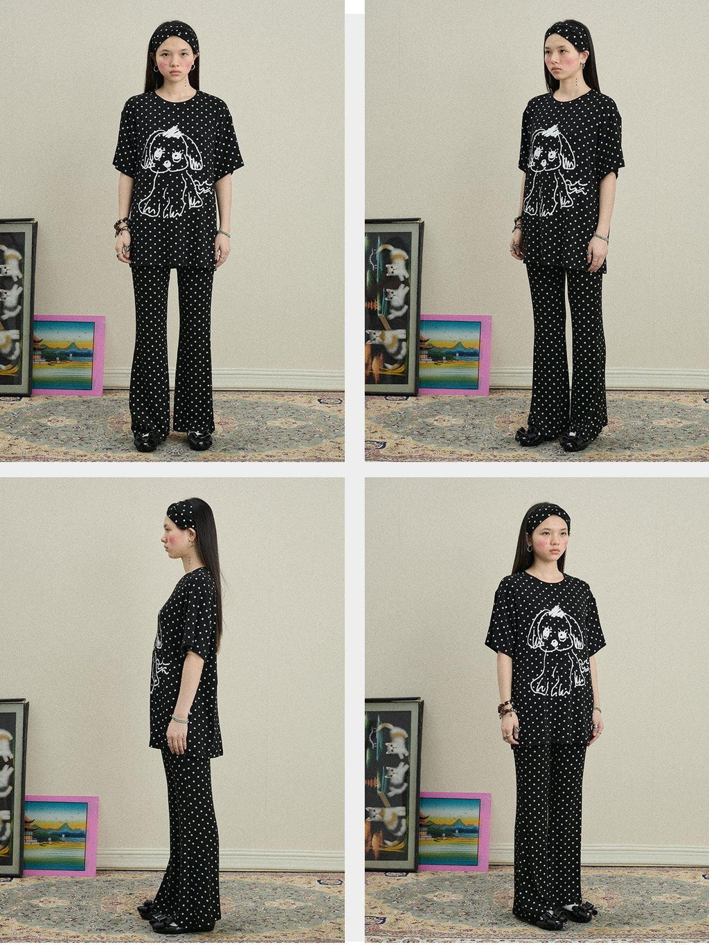 Achihara Polka Dot Asymmetric Slim Fit Elastic Waist Women'S Viscose Blend Flare Pants