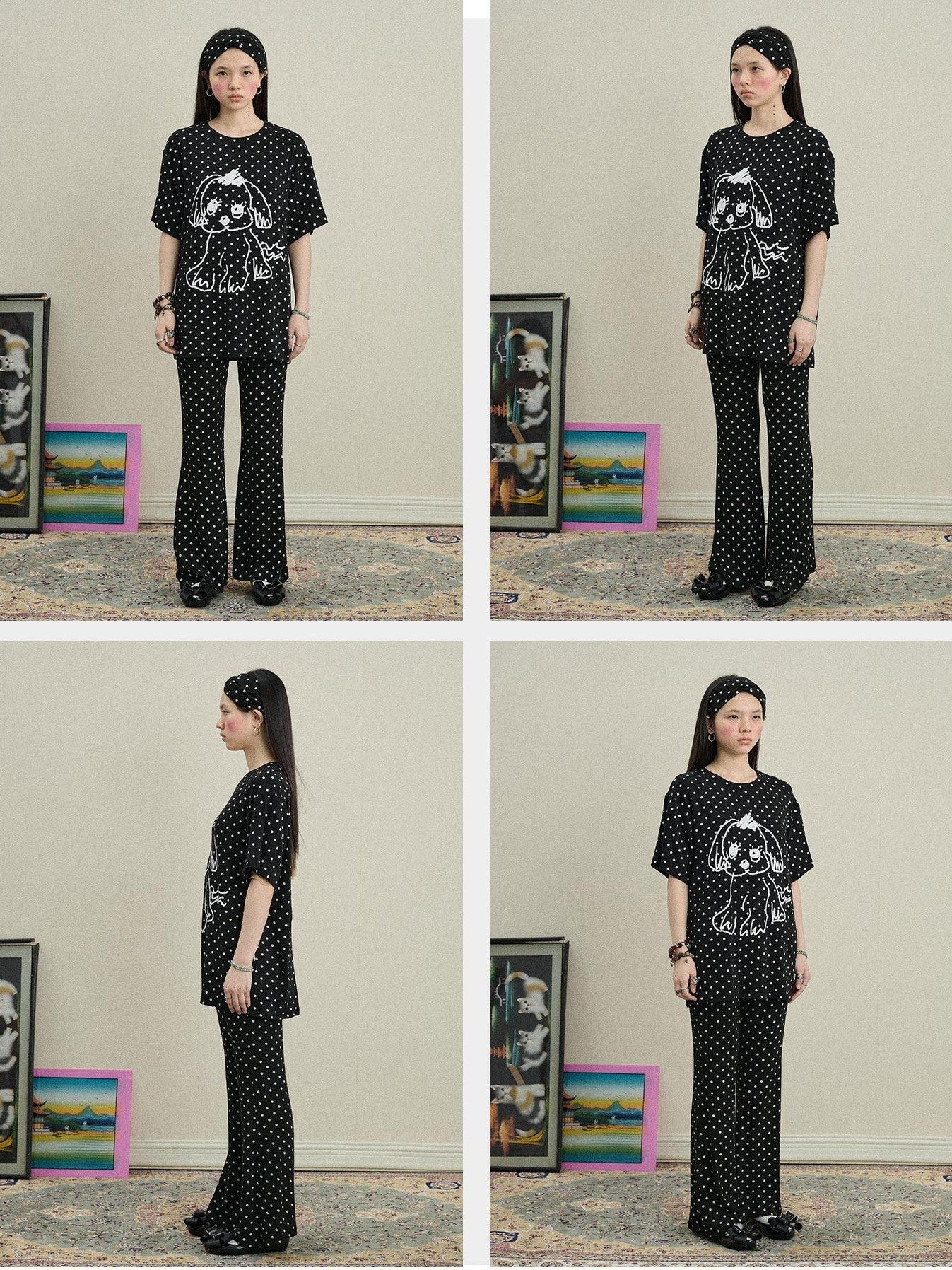 Achihara Polka Dot Asymmetric Slim Fit Elastic Waist Women'S Viscose Blend Flare Pants
