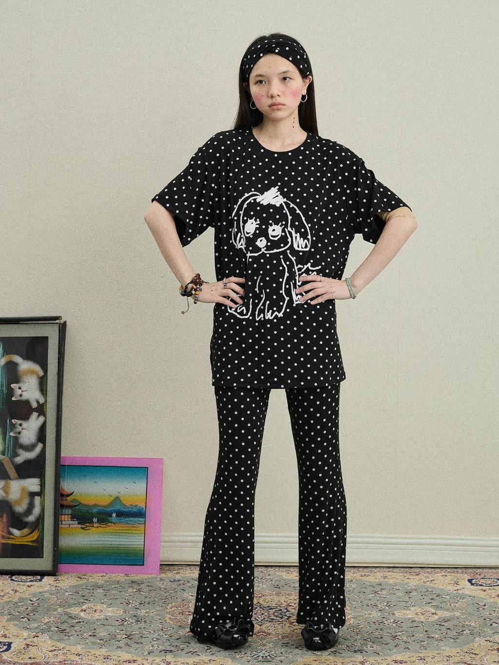 Achihara Polka Dot Asymmetric Slim Fit Elastic Waist Women'S Viscose Blend Flare Pants