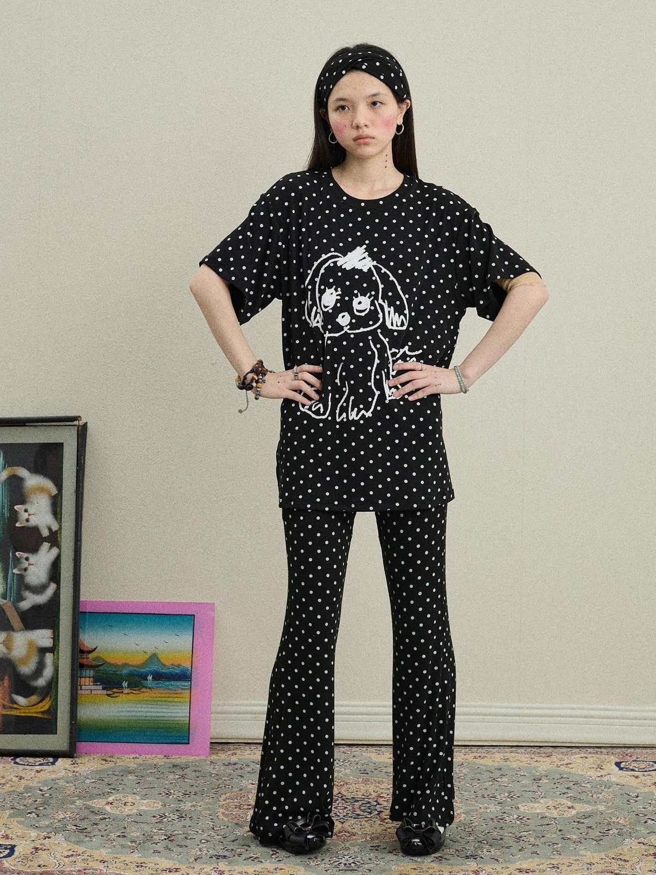 Achihara Polka Dot Asymmetric Slim Fit Elastic Waist Women'S Viscose Blend Flare Pants