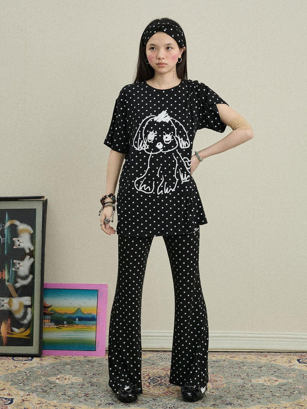 Achihara Polka Dot Asymmetric Slim Fit Elastic Waist Women'S Viscose Blend Flare Pants