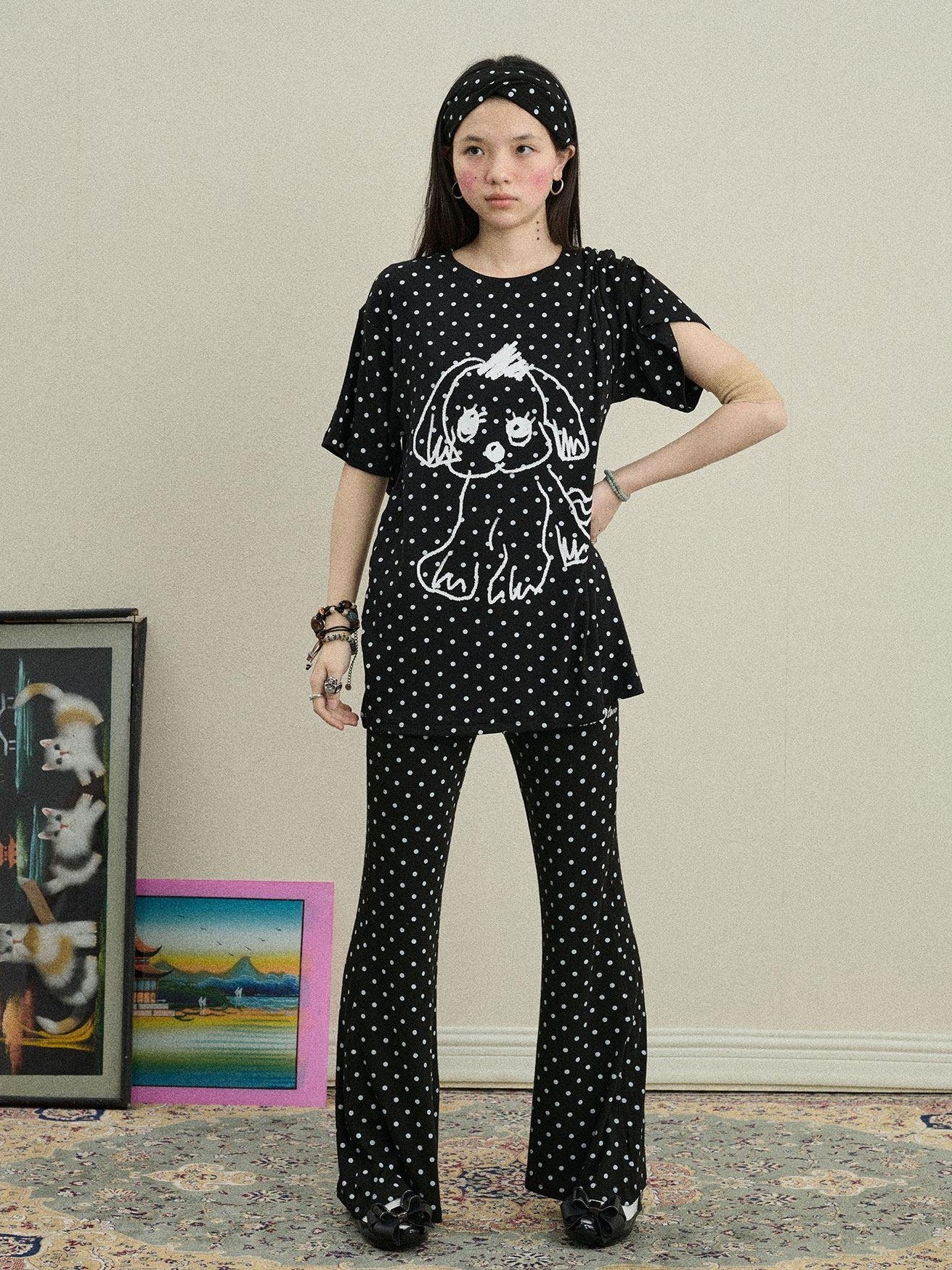 Achihara Polka Dot Asymmetric Slim Fit Elastic Waist Women'S Viscose Blend Flare Pants
