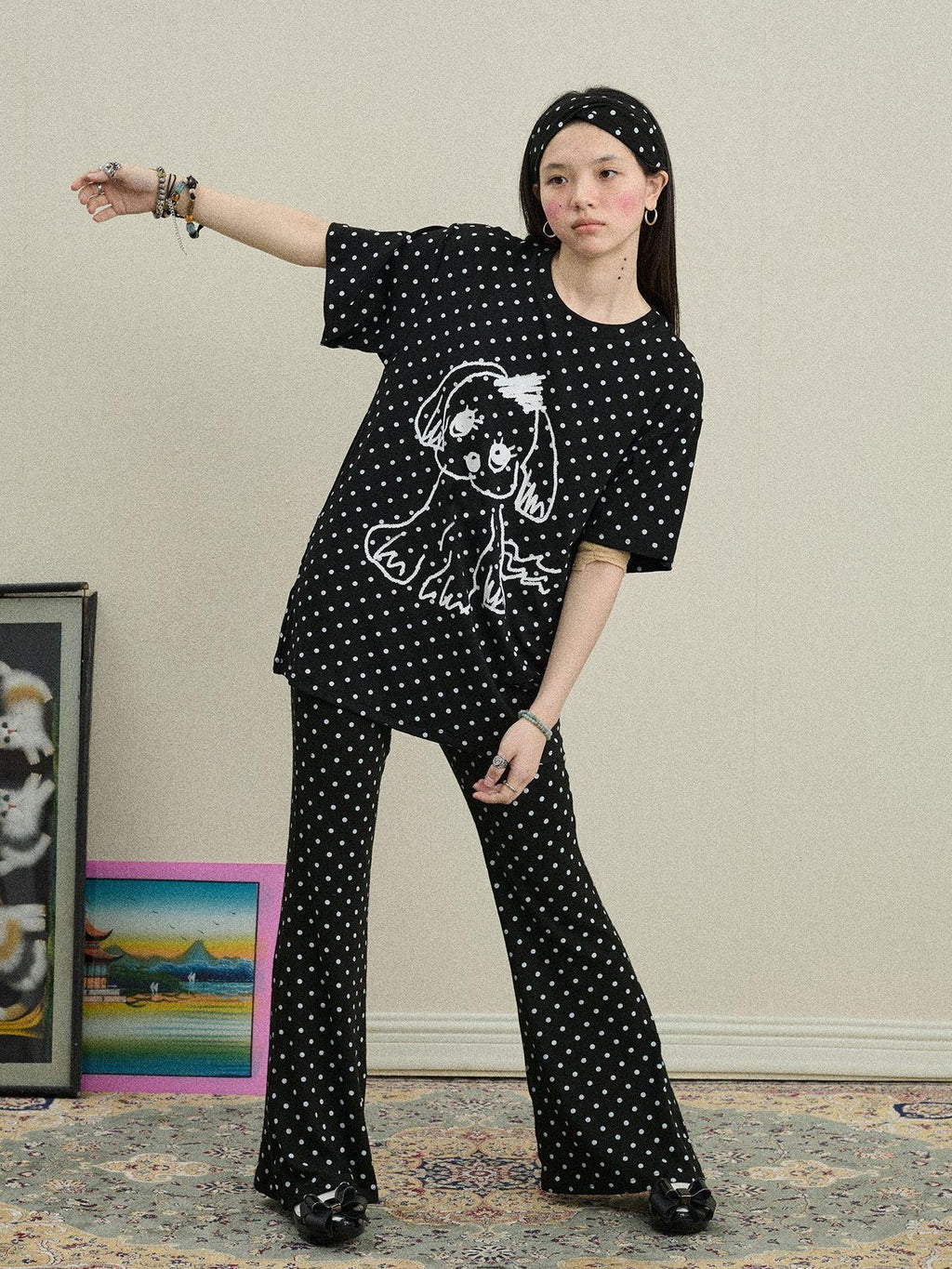 Achihara Polka Dot Asymmetric Slim Fit Elastic Waist Women'S Viscose Blend Flare Pants