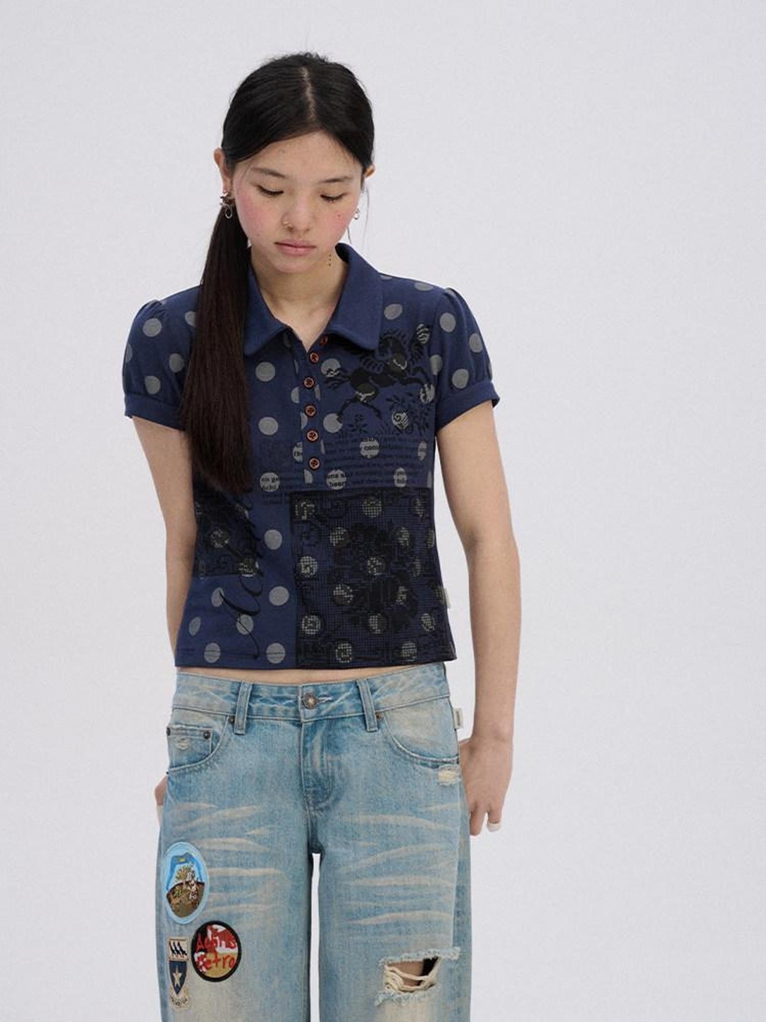 Achihara Polka Dot Colorblock Polo Collar Slim Women'S Cotton Blend Short Sleeve T-Shirts