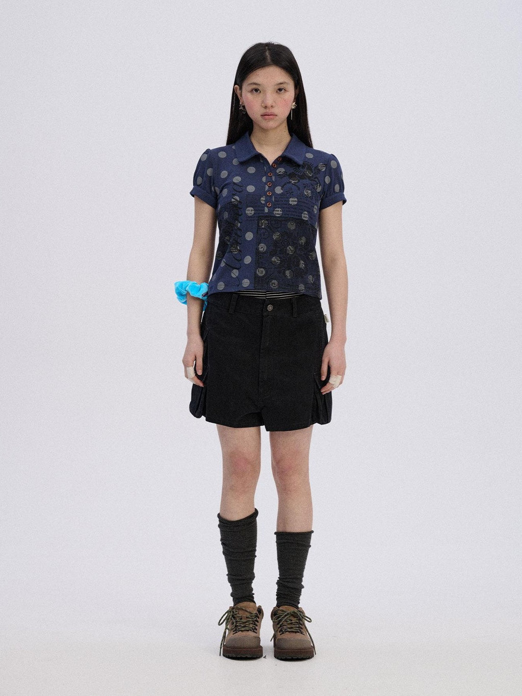 Achihara Polka Dot Colorblock Polo Collar Slim Women'S Cotton Blend Short Sleeve T-Shirts