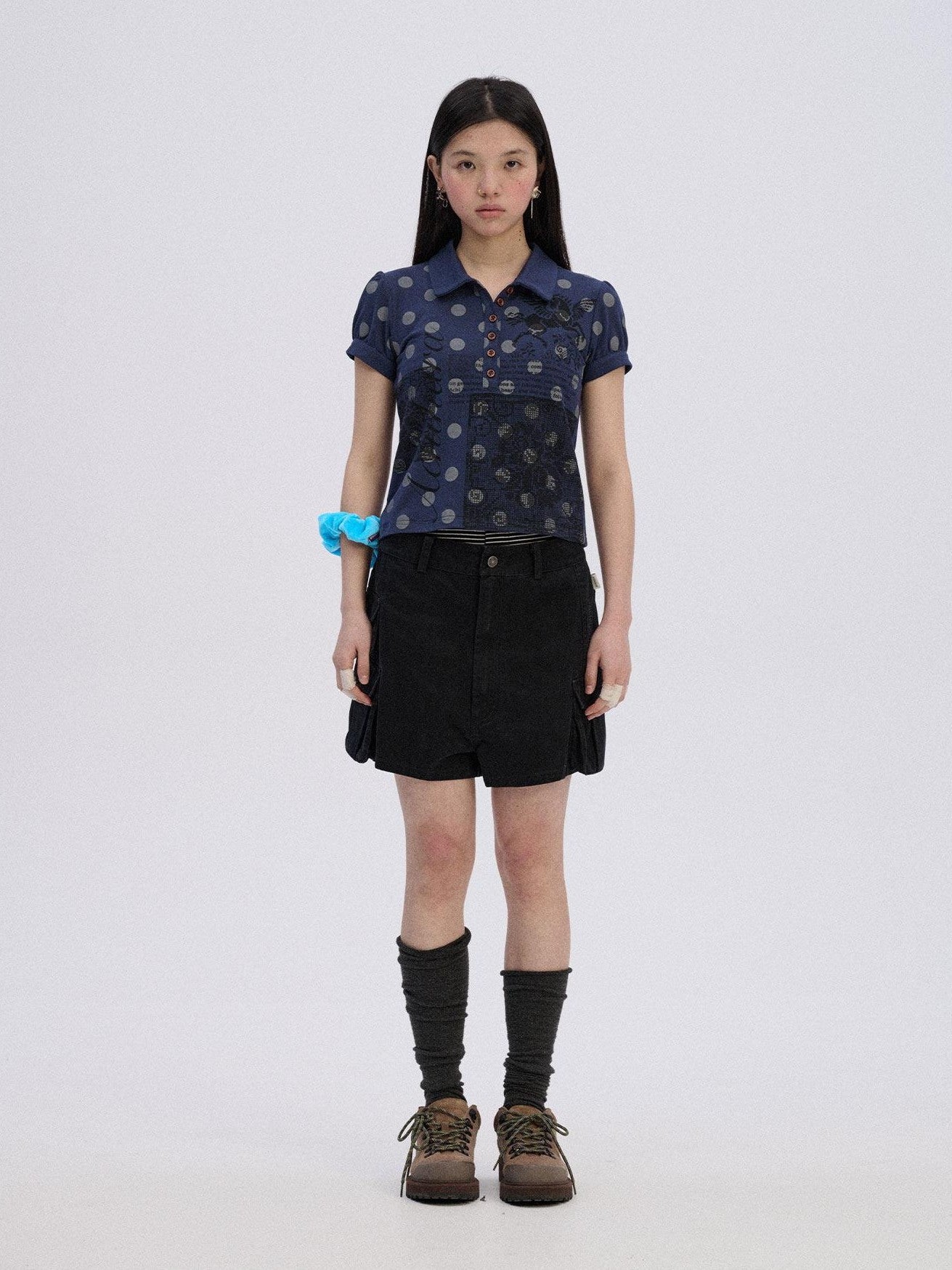 Achihara Polka Dot Colorblock Polo Collar Slim Women'S Cotton Blend Short Sleeve T-Shirts