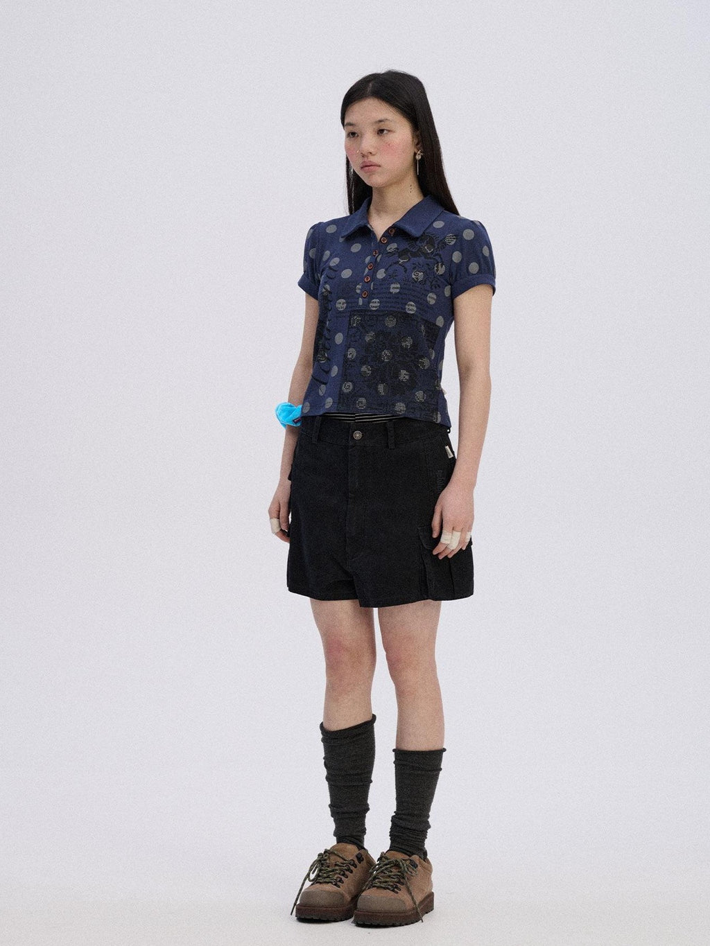 Achihara Polka Dot Colorblock Polo Collar Slim Women'S Cotton Blend Short Sleeve T-Shirts