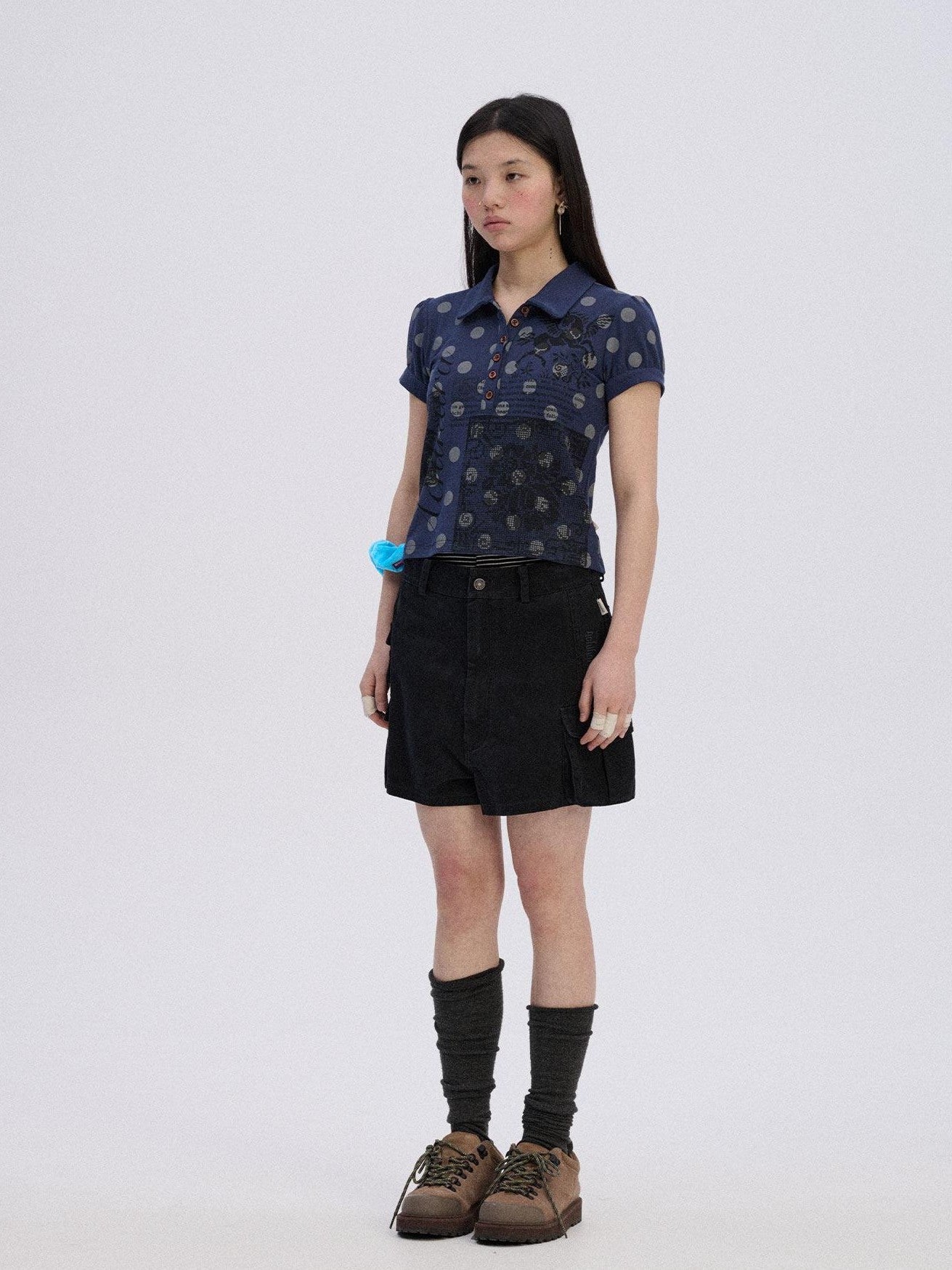 Achihara Polka Dot Colorblock Polo Collar Slim Women'S Cotton Blend Short Sleeve T-Shirts
