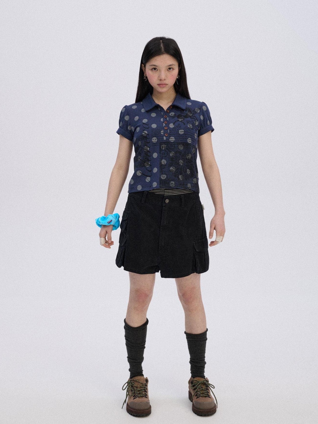 Achihara Polka Dot Colorblock Polo Collar Slim Women'S Cotton Blend Short Sleeve T-Shirts