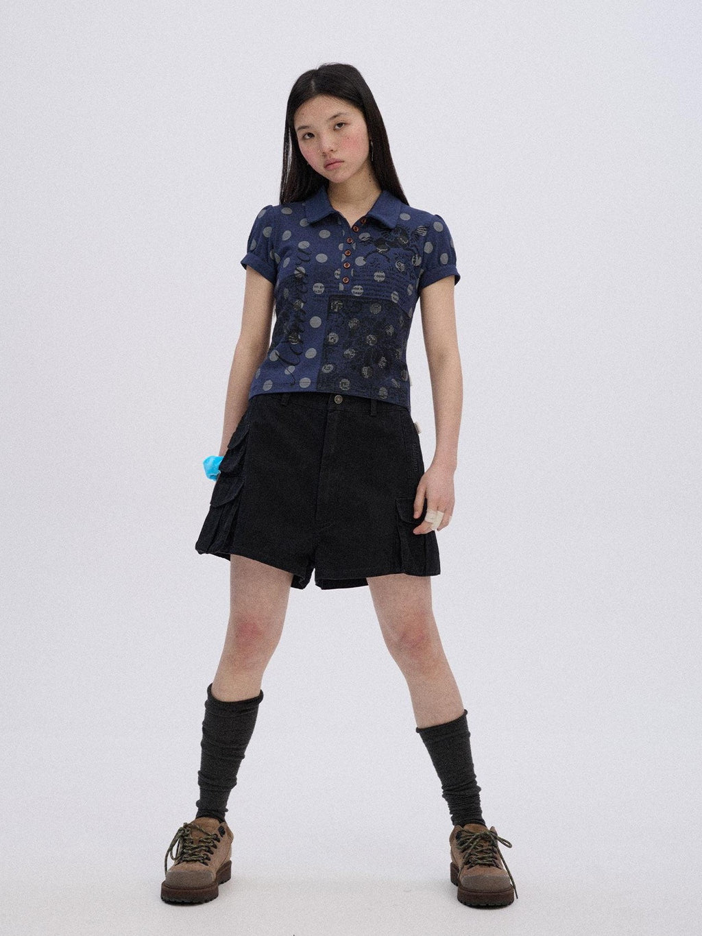 Achihara Polka Dot Colorblock Polo Collar Slim Women'S Cotton Blend Short Sleeve T-Shirts