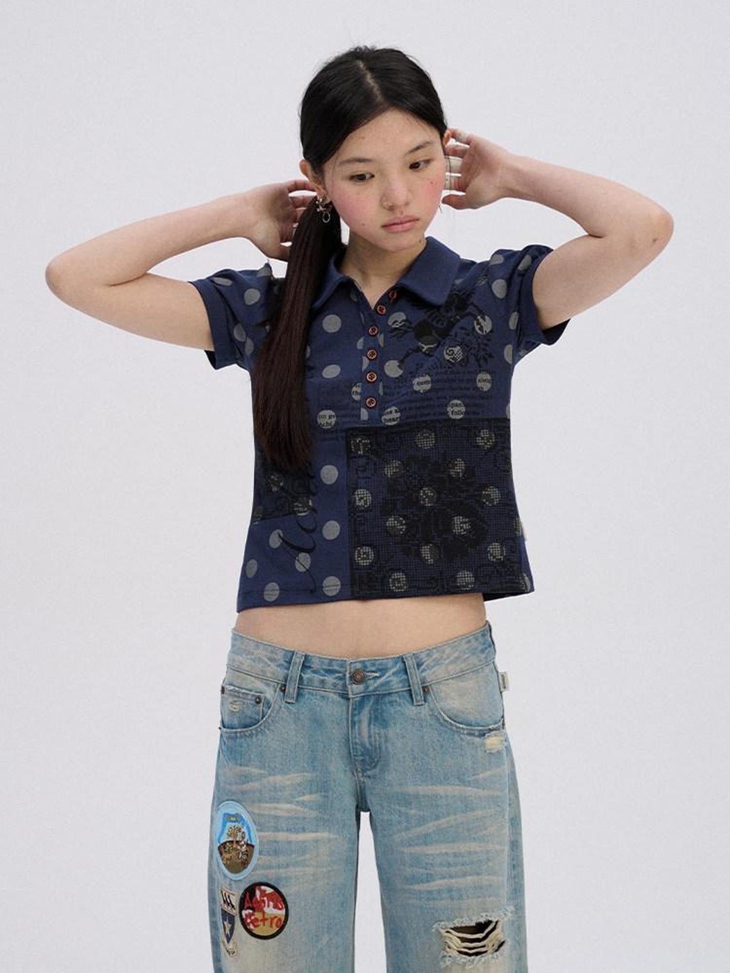Achihara Polka Dot Colorblock Polo Collar Slim Women'S Cotton Blend Short Sleeve T-Shirts