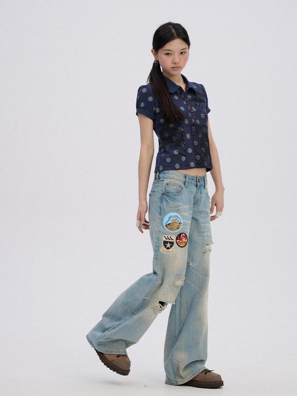 Achihara Polka Dot Colorblock Polo Collar Slim Women'S Cotton Blend Short Sleeve T-Shirts