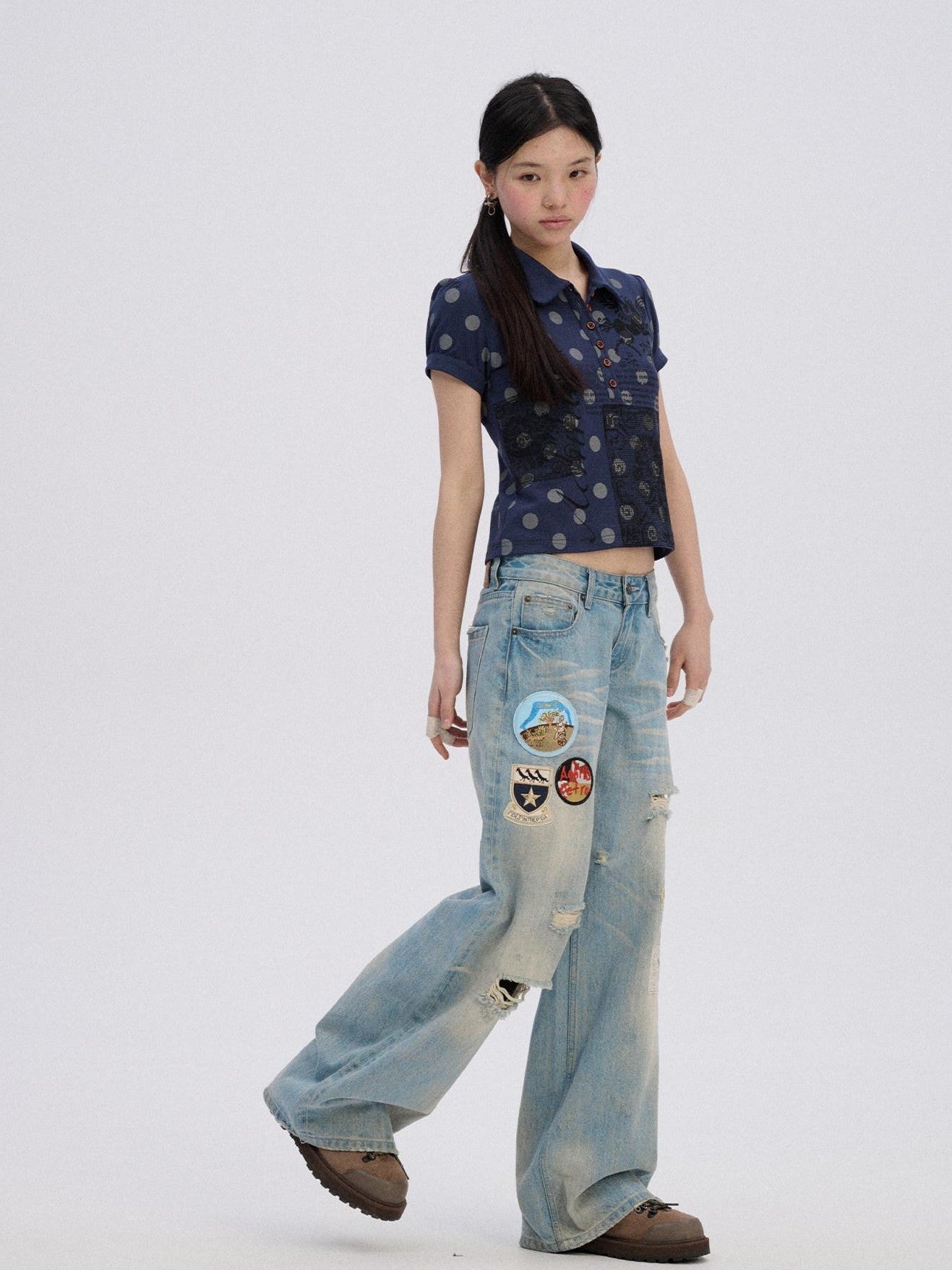 Achihara Polka Dot Colorblock Polo Collar Slim Women'S Cotton Blend Short Sleeve T-Shirts