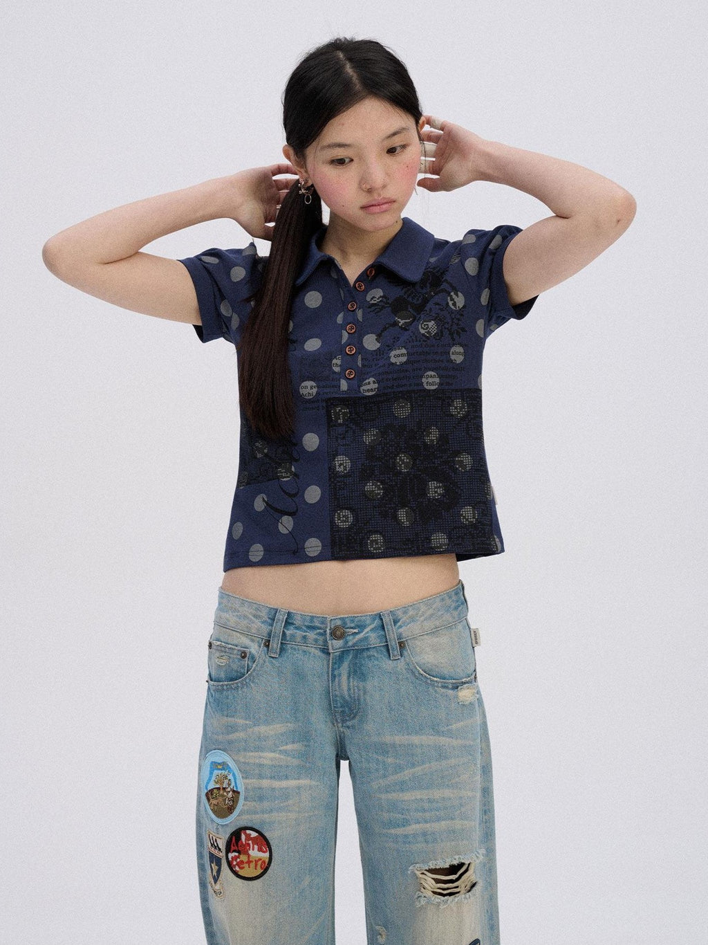 Achihara Polka Dot Colorblock Polo Collar Slim Women'S Cotton Blend Short Sleeve T-Shirts