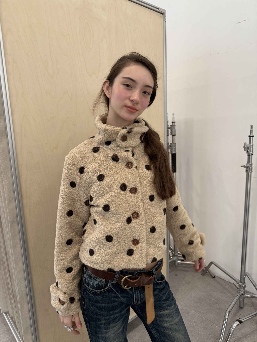 Achihara_Polka_Dot_Cropped_Lapel_Zip_Long_Sleeve_Women'S_Polyester_Fleece_Jackets_MISSTT