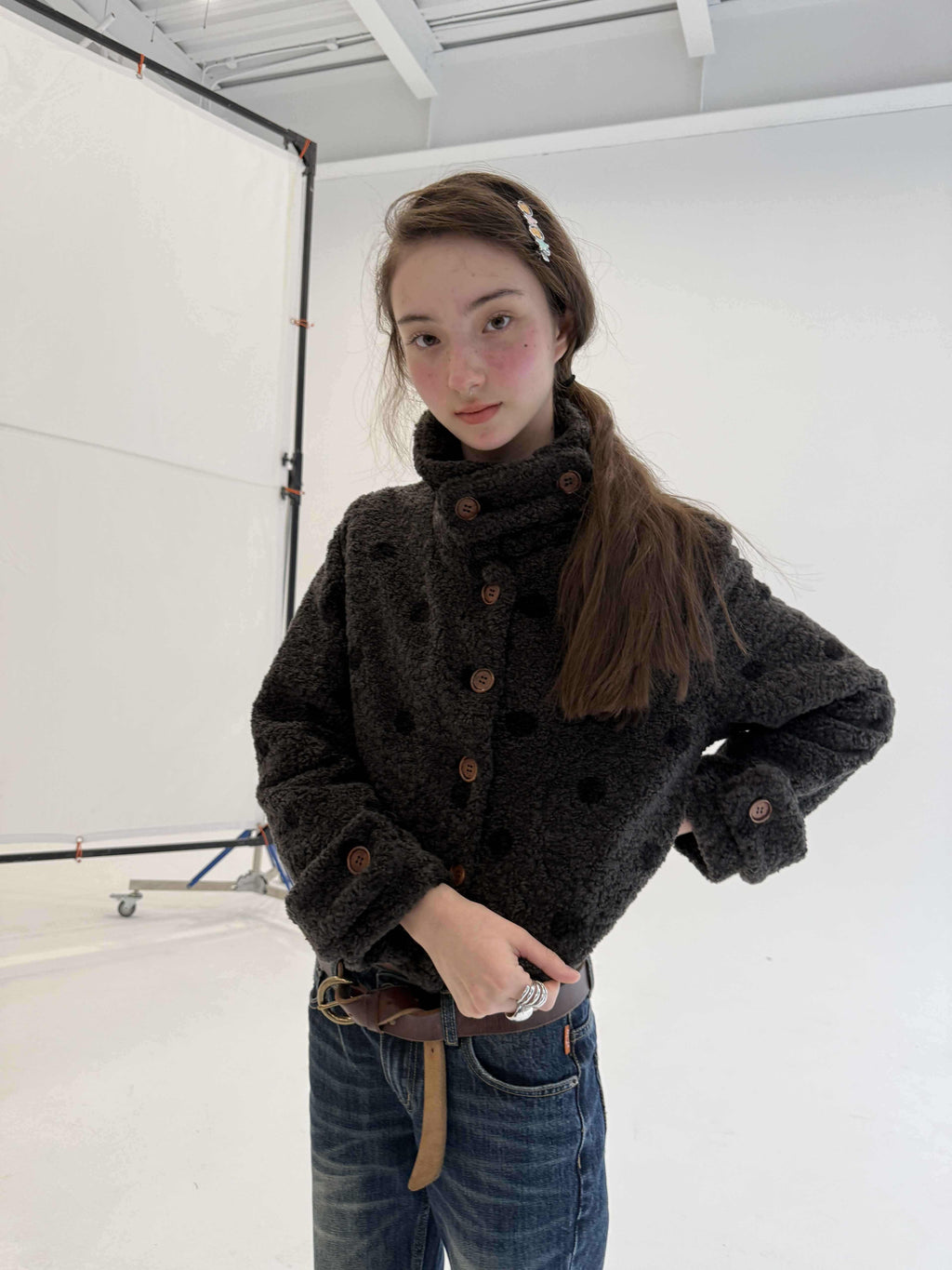 Achihara_Polka_Dot_Cropped_Lapel_Zip_Long_Sleeve_Women'S_Polyester_Fleece_Jackets_MISSTT
