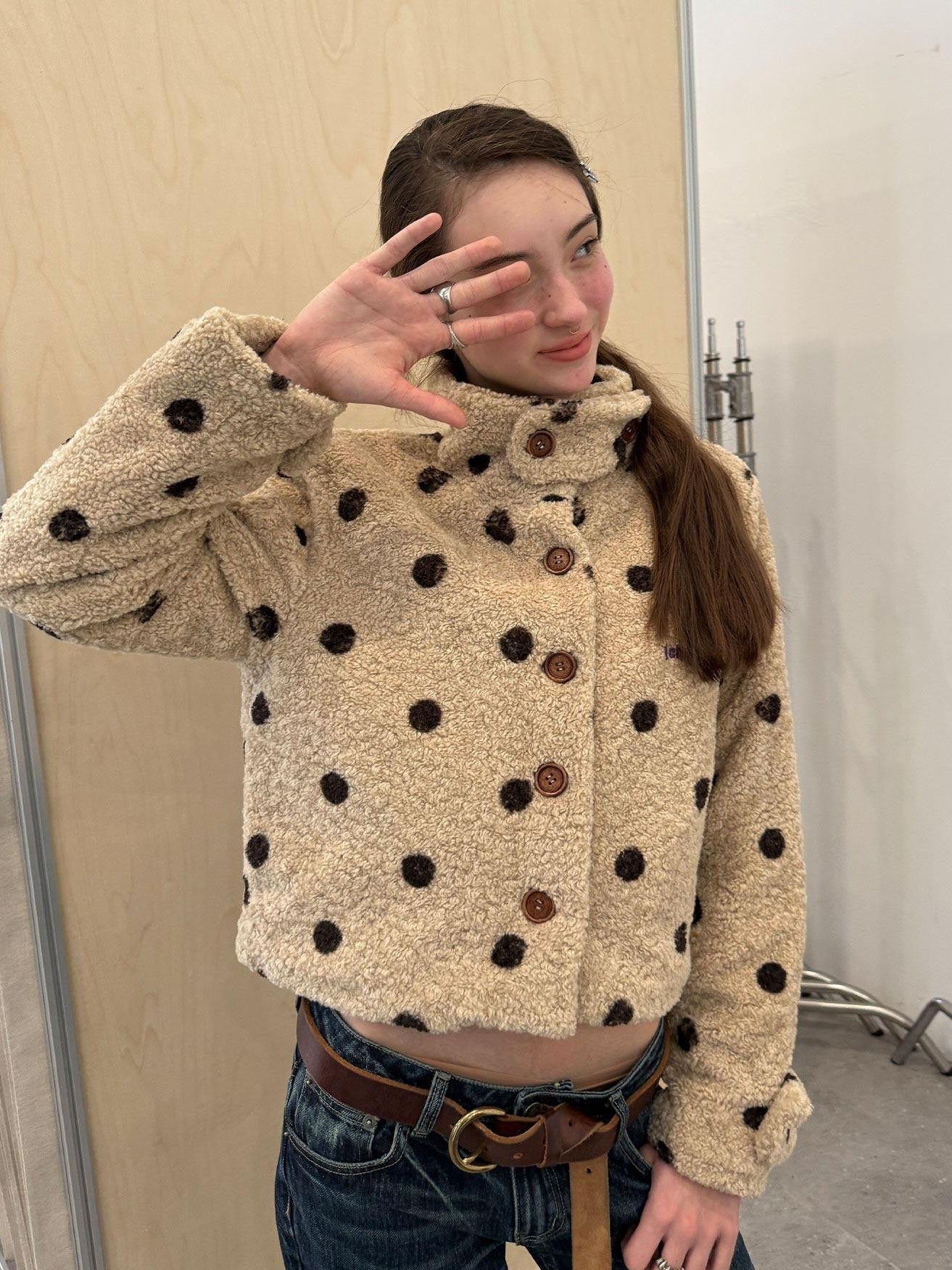 Achihara Polka Dot Cropped Lapel Zip Long Sleeve Women'S Polyester Fleece Jackets
