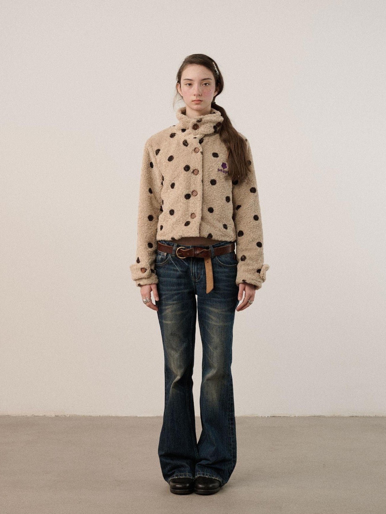 Achihara Polka Dot Cropped Lapel Zip Long Sleeve Women'S Polyester Fleece Jackets