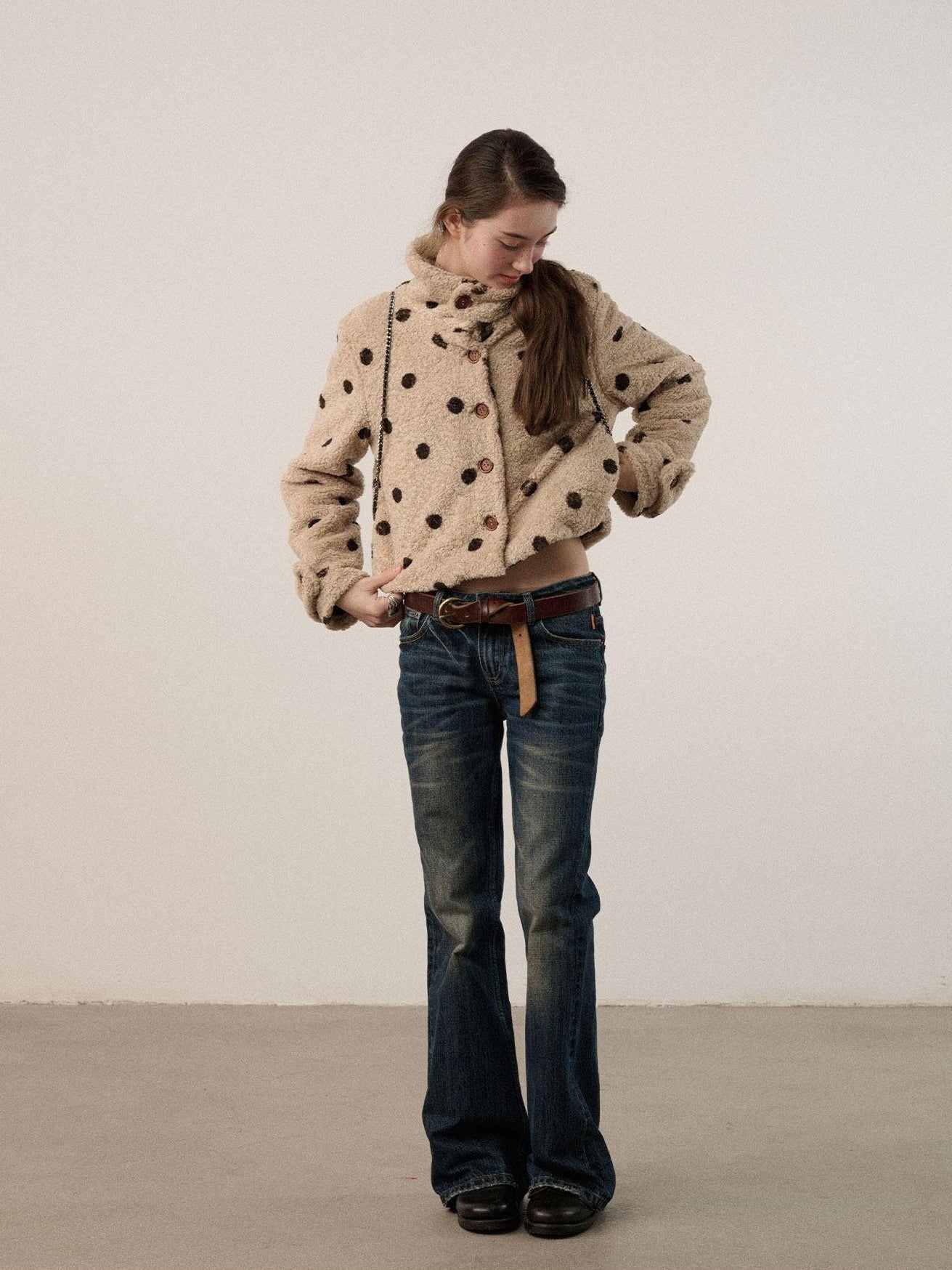 Achihara Polka Dot Cropped Lapel Zip Long Sleeve Women'S Polyester Fleece Jackets
