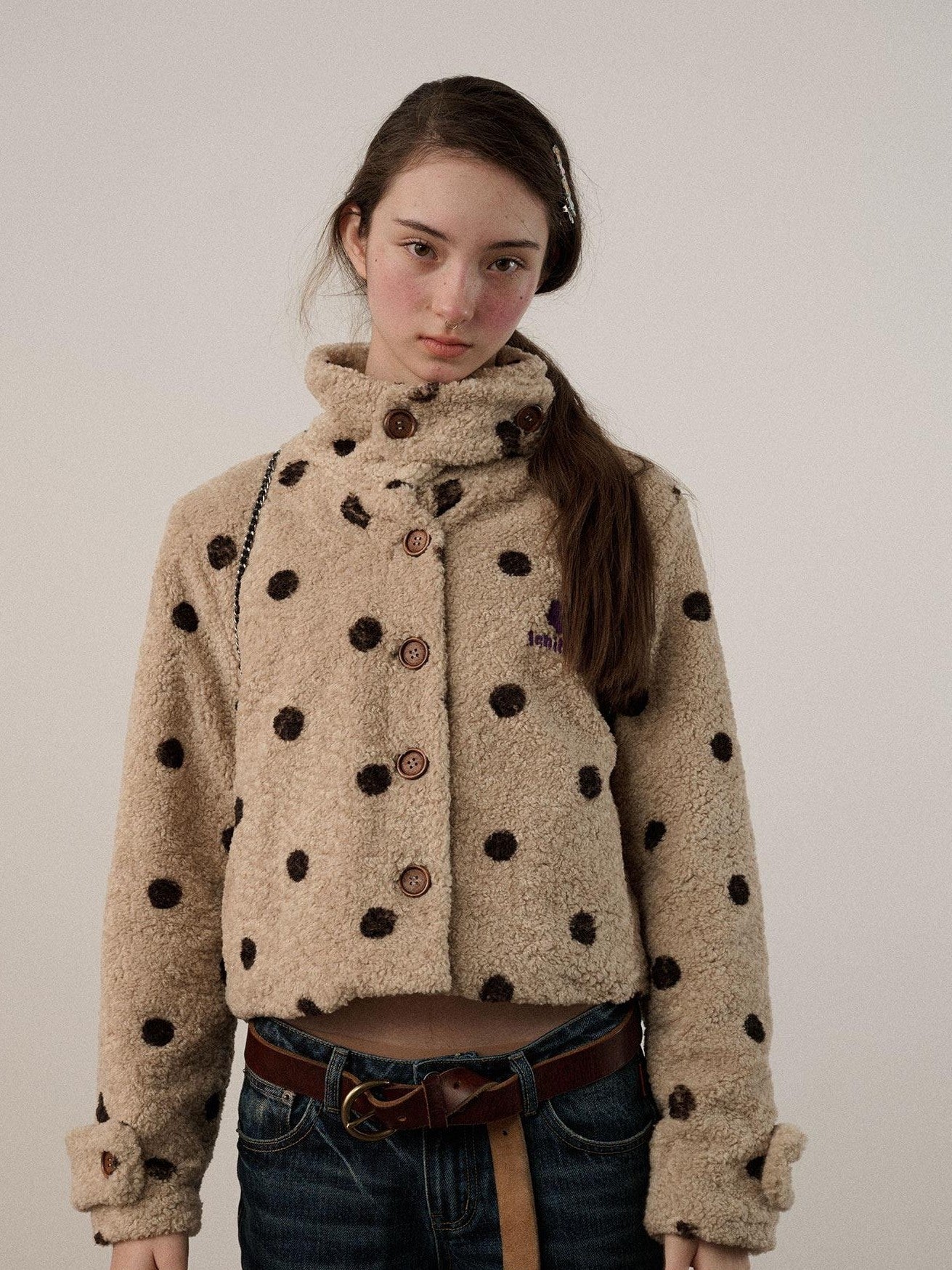 Achihara Polka Dot Cropped Lapel Zip Long Sleeve Women'S Polyester Fleece Jackets