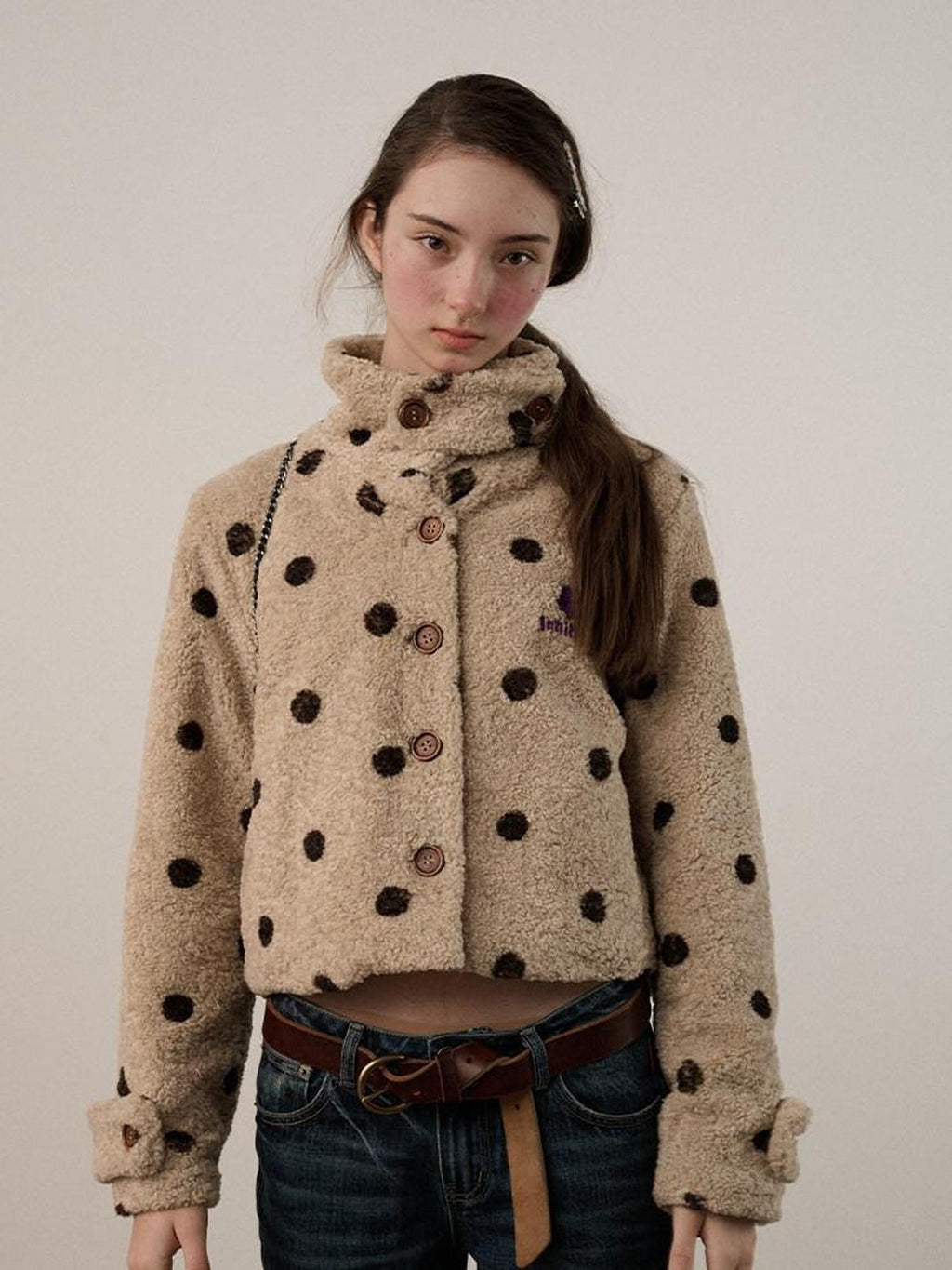 Achihara Polka Dot Cropped Lapel Zip Long Sleeve Women'S Polyester Fleece Jackets