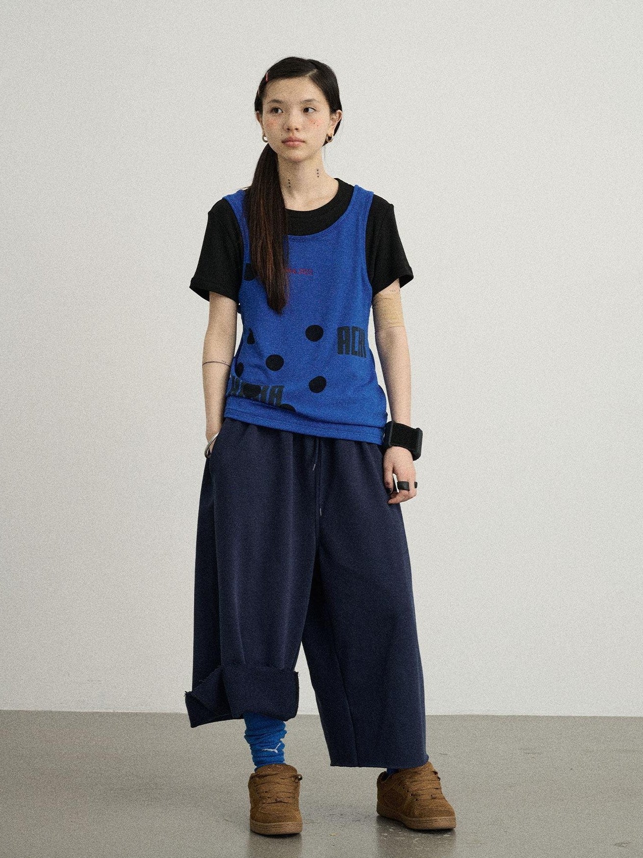 Achihara Polka Dot Faux Two Piece Patchwork Women'S Polyester Blend Short Sleeve T-Shirts