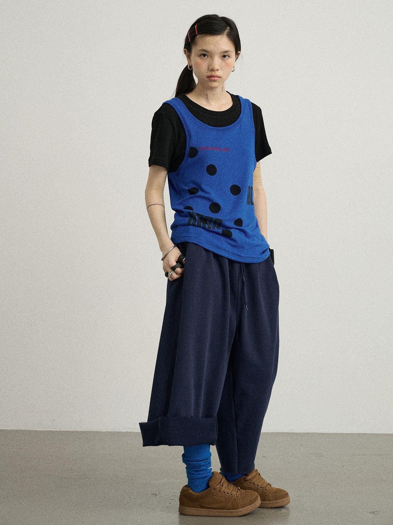 Achihara Polka Dot Faux Two Piece Patchwork Women'S Polyester Blend Short Sleeve T-Shirts