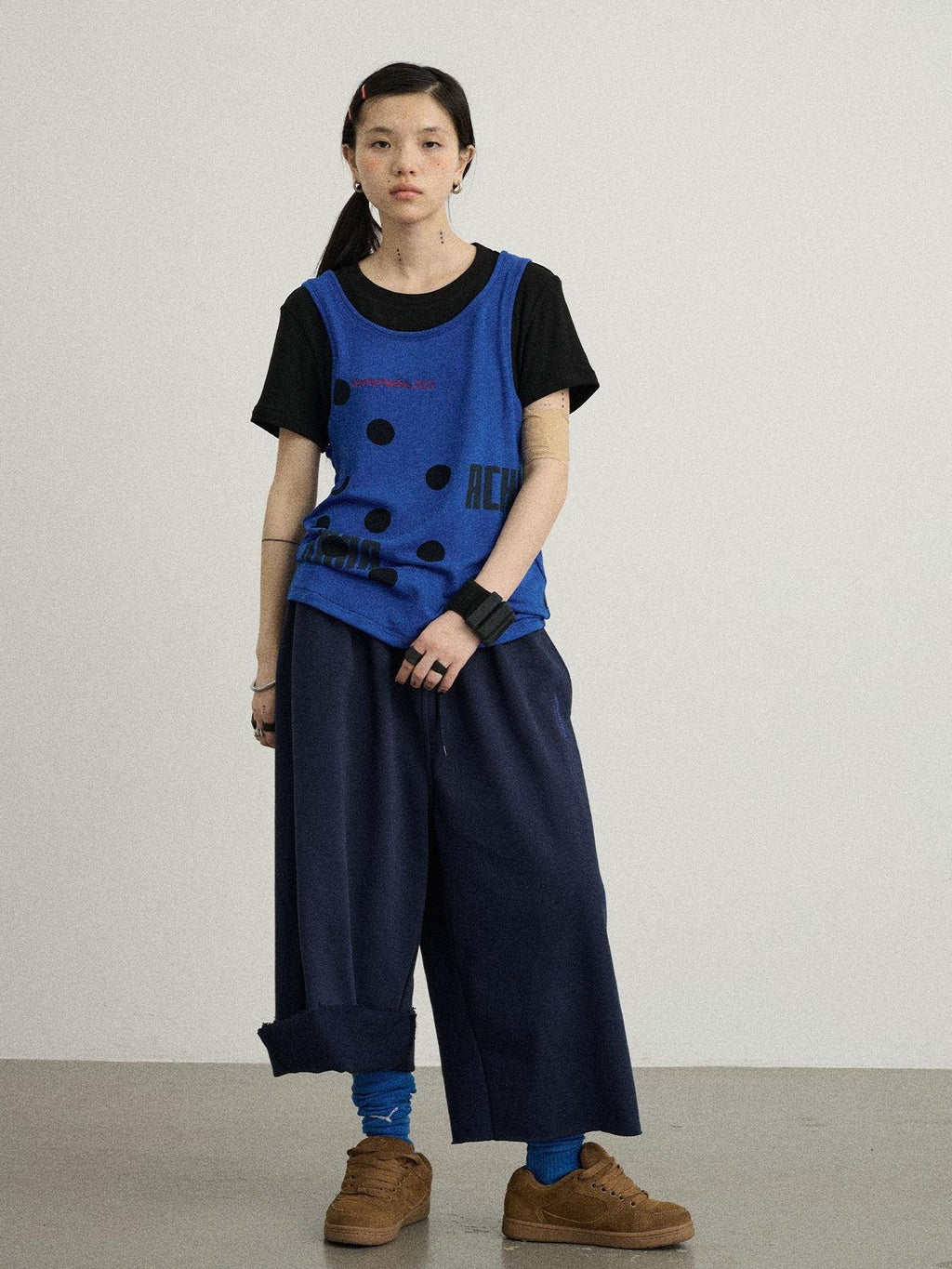 Achihara Polka Dot Faux Two Piece Patchwork Women'S Polyester Blend Short Sleeve T-Shirts