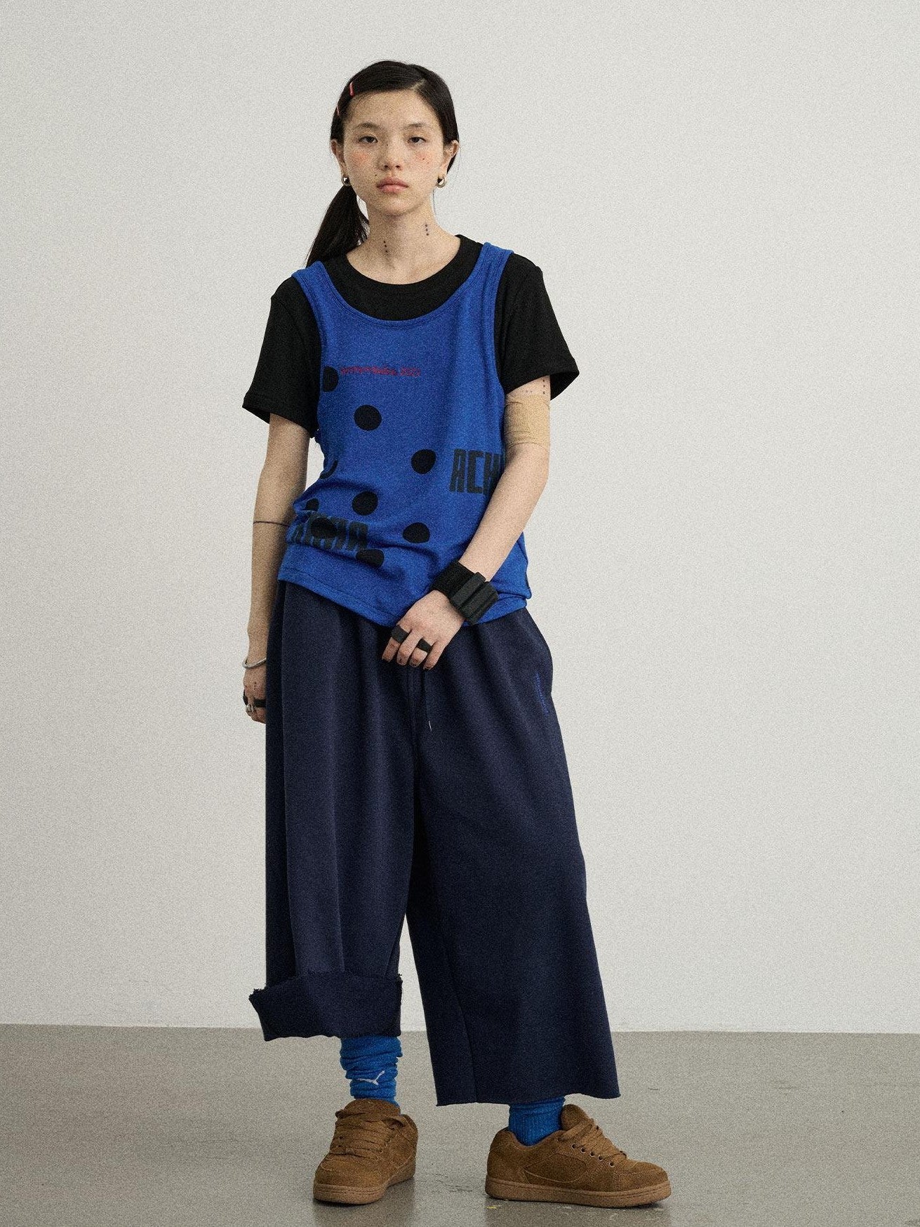 Achihara Polka Dot Faux Two Piece Patchwork Women'S Polyester Blend Short Sleeve T-Shirts