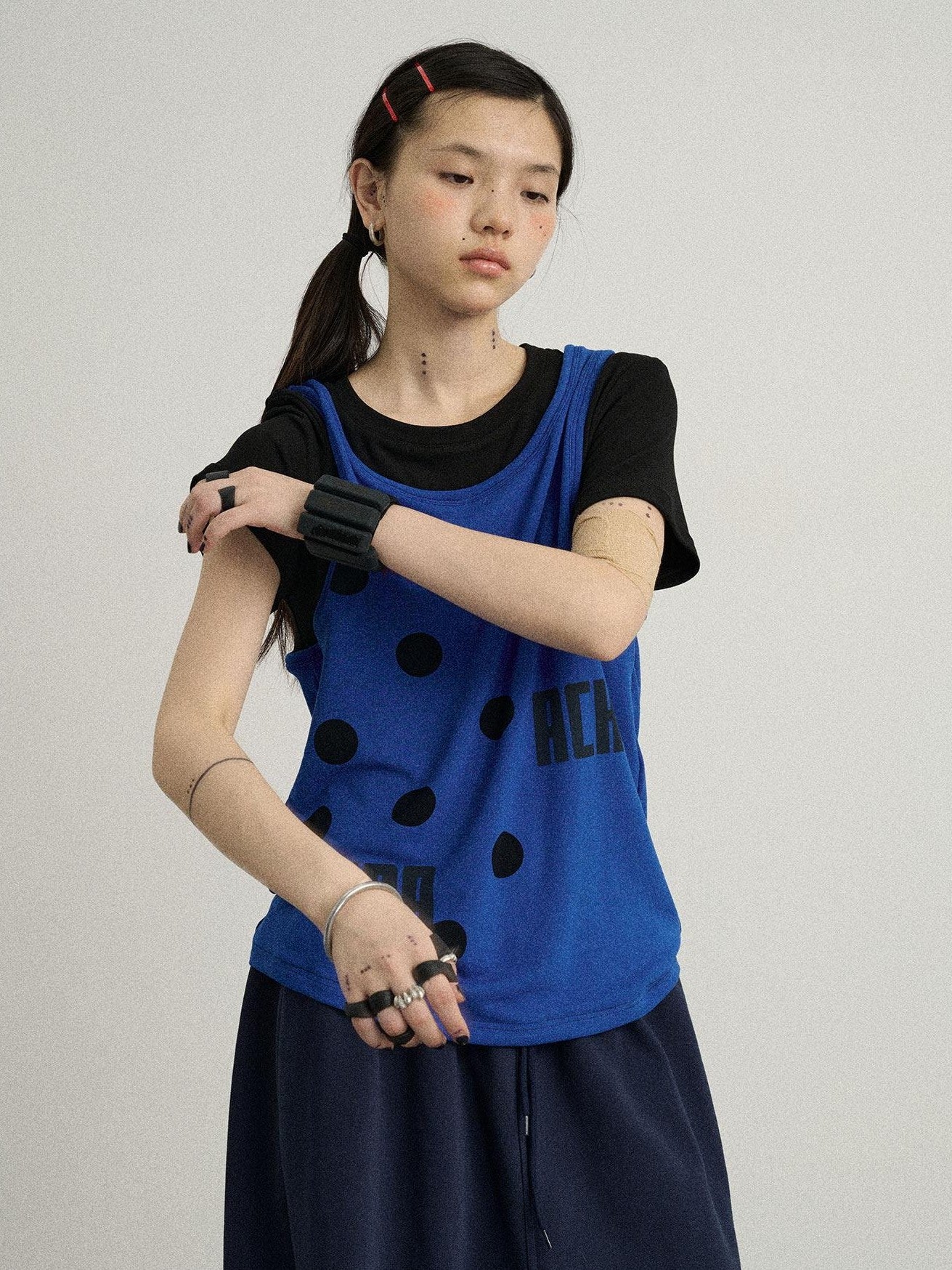 Achihara Polka Dot Faux Two Piece Patchwork Women'S Polyester Blend Short Sleeve T-Shirts
