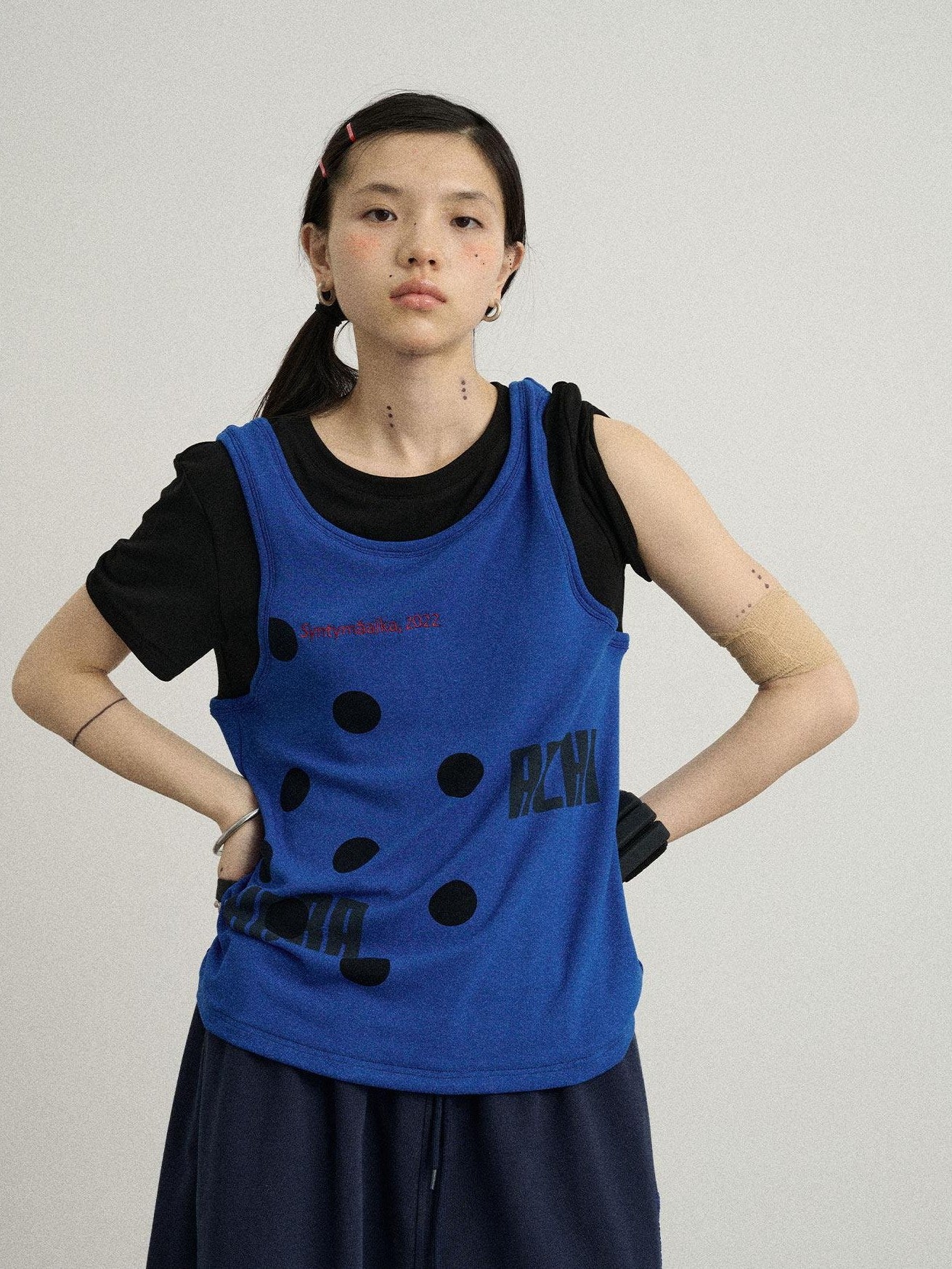 Achihara Polka Dot Faux Two Piece Patchwork Women'S Polyester Blend Short Sleeve T-Shirts