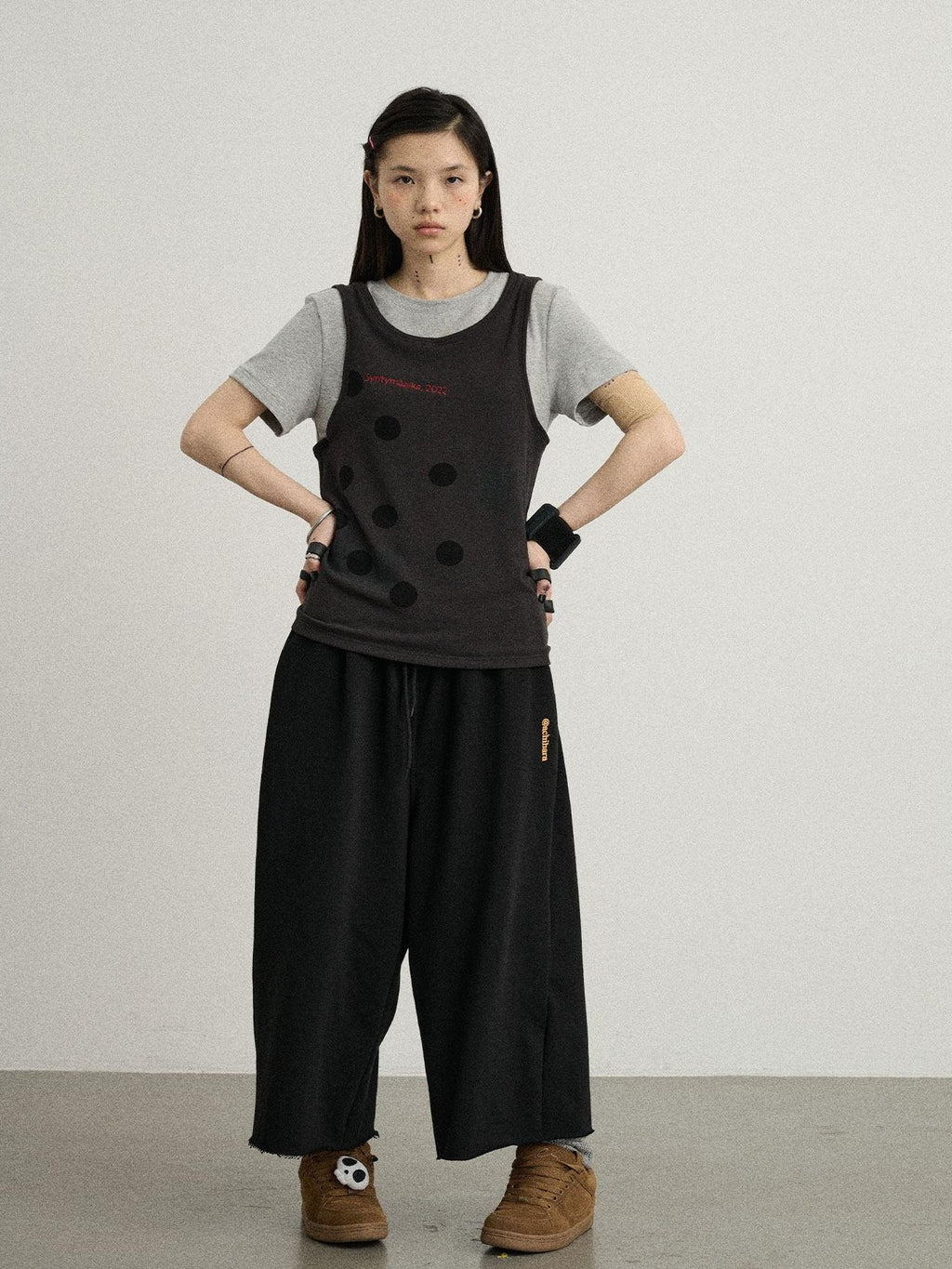 Achihara Polka Dot Faux Two Piece Patchwork Women'S Polyester Blend Short Sleeve T-Shirts