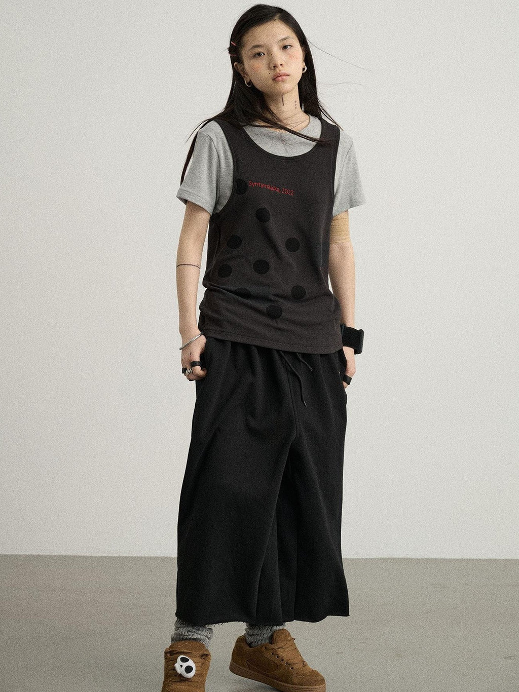 Achihara Polka Dot Faux Two Piece Patchwork Women'S Polyester Blend Short Sleeve T-Shirts