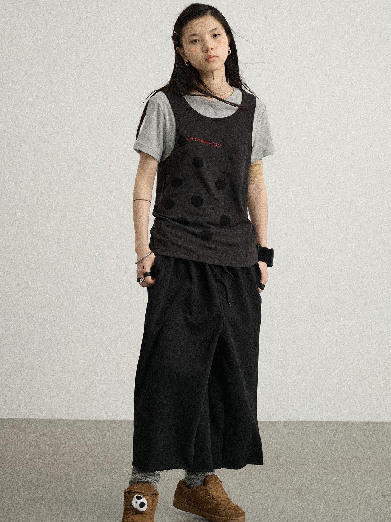 Achihara Polka Dot Faux Two Piece Patchwork Women'S Polyester Blend Short Sleeve T-Shirts