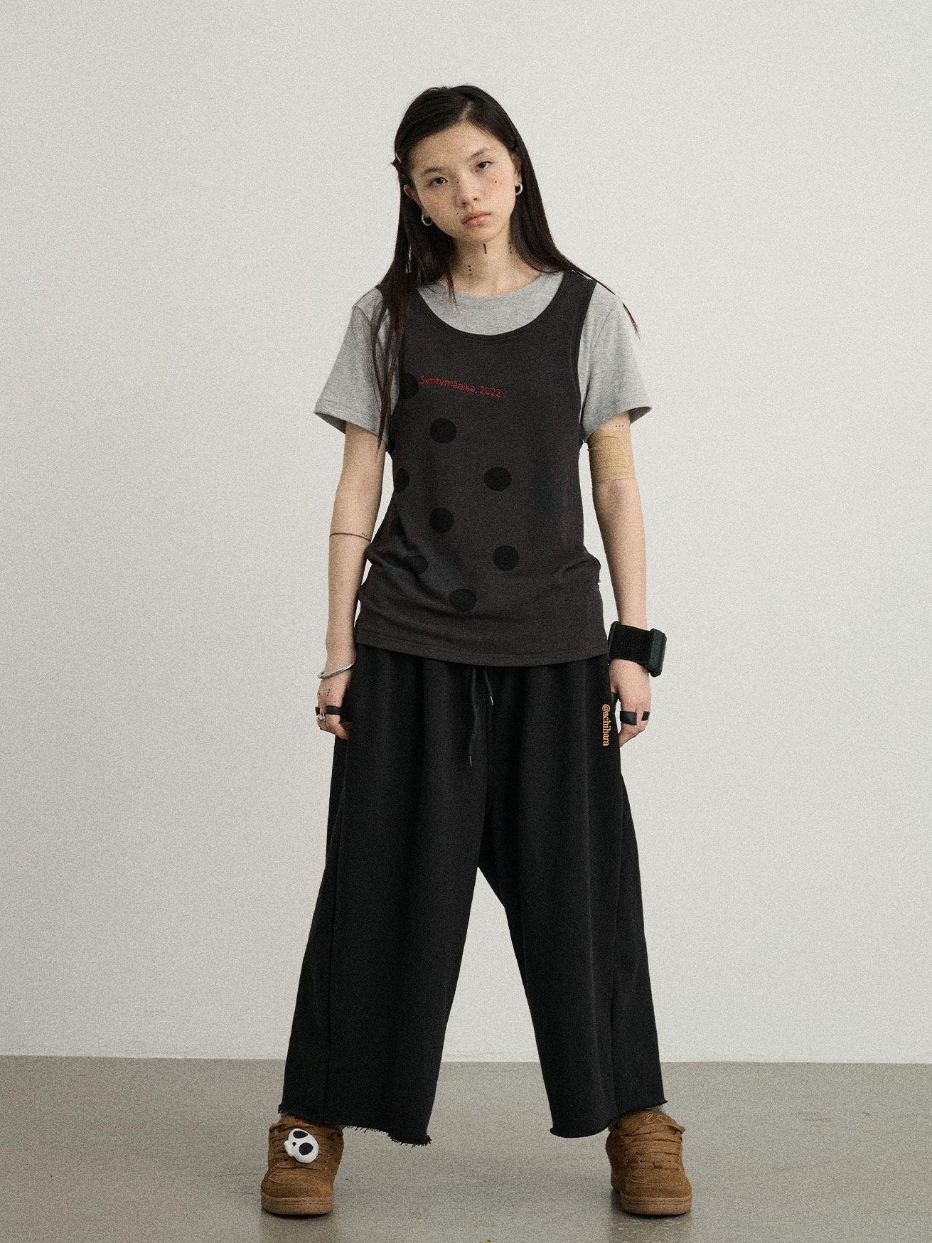 Achihara Polka Dot Faux Two Piece Patchwork Women'S Polyester Blend Short Sleeve T-Shirts