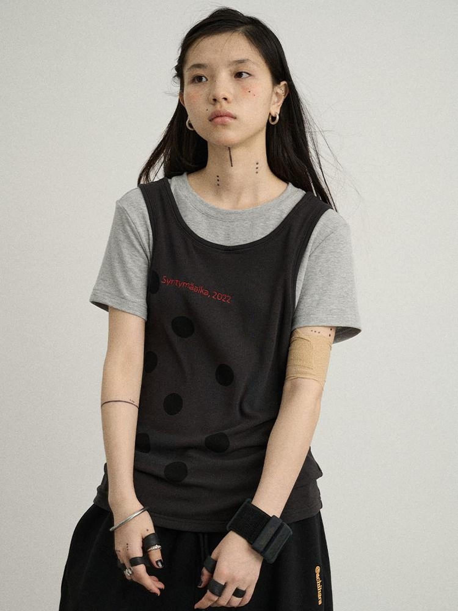 Achihara Polka Dot Faux Two Piece Patchwork Women'S Polyester Blend Short Sleeve T-Shirts