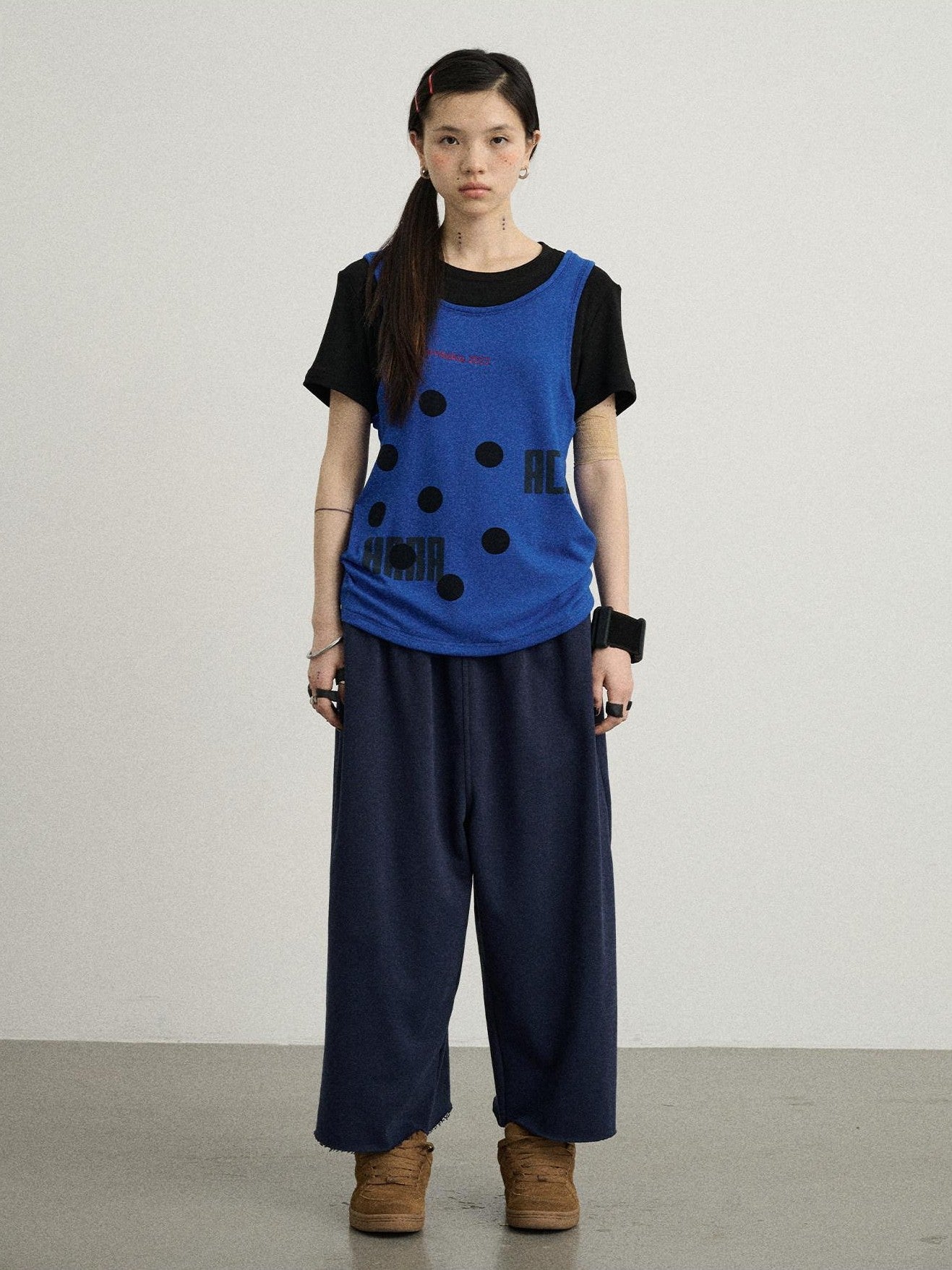 Achihara Polka Dot Faux Two Piece Patchwork Women'S Polyester Blend Short Sleeve T-Shirts