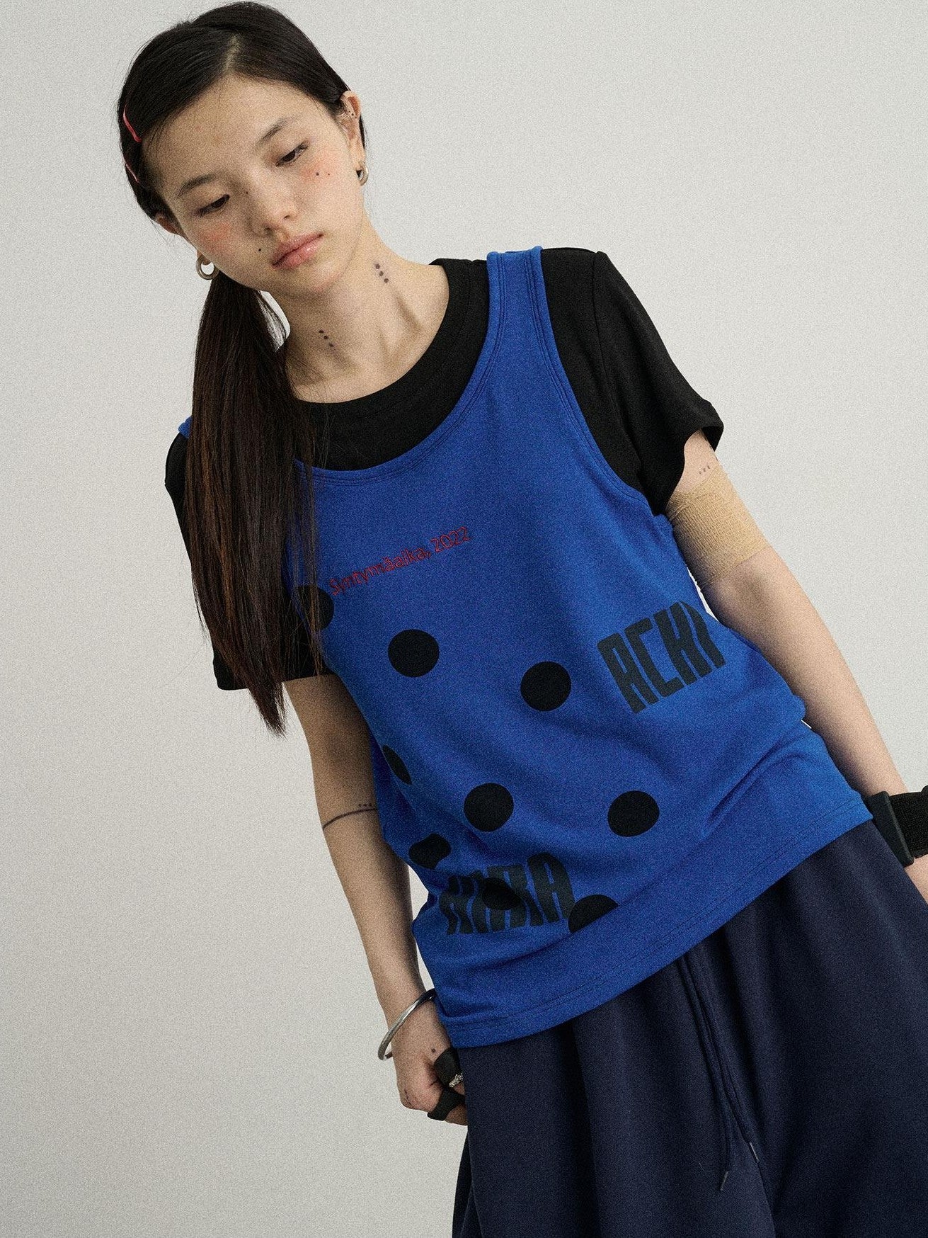 Achihara Polka Dot Faux Two Piece Patchwork Women'S Polyester Blend Short Sleeve T-Shirts