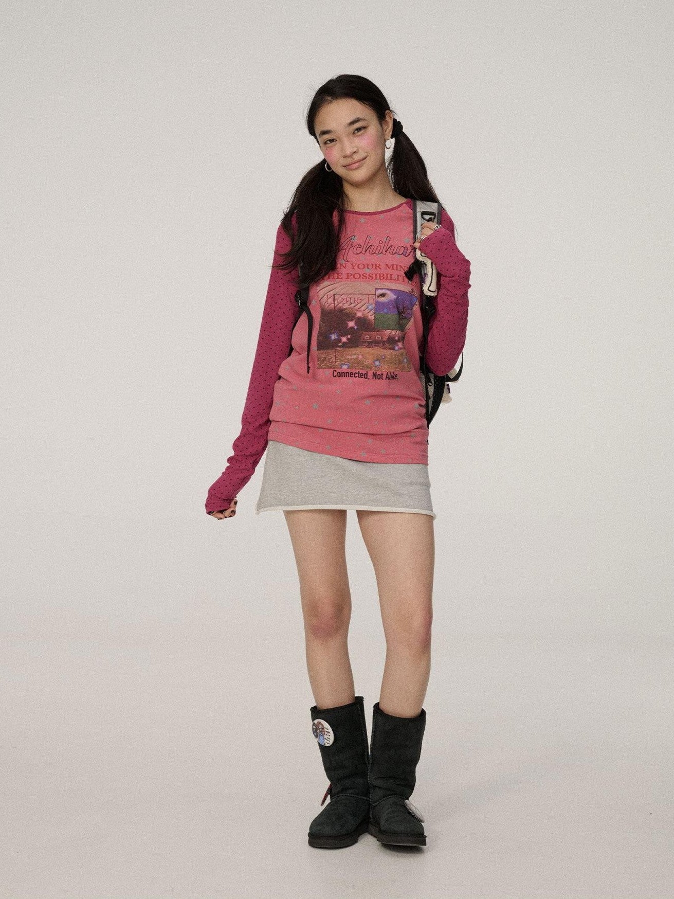 Achihara Polka Dot Patchwork Lettering Women'S Knit Polyester Long Sleeve T-Shirts
