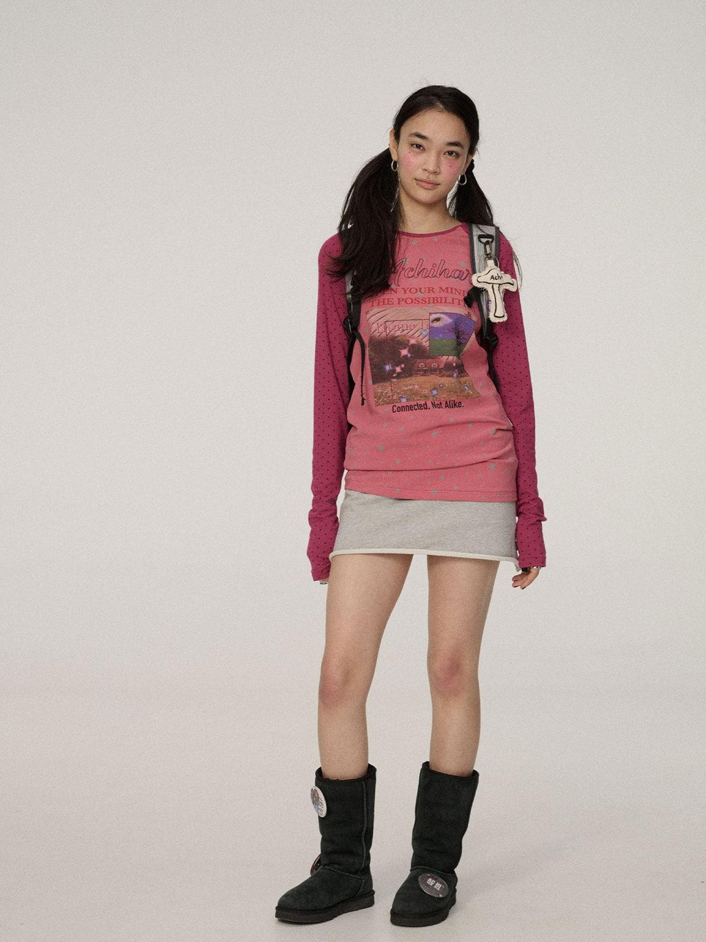 Achihara Polka Dot Patchwork Lettering Women'S Knit Polyester Long Sleeve T-Shirts