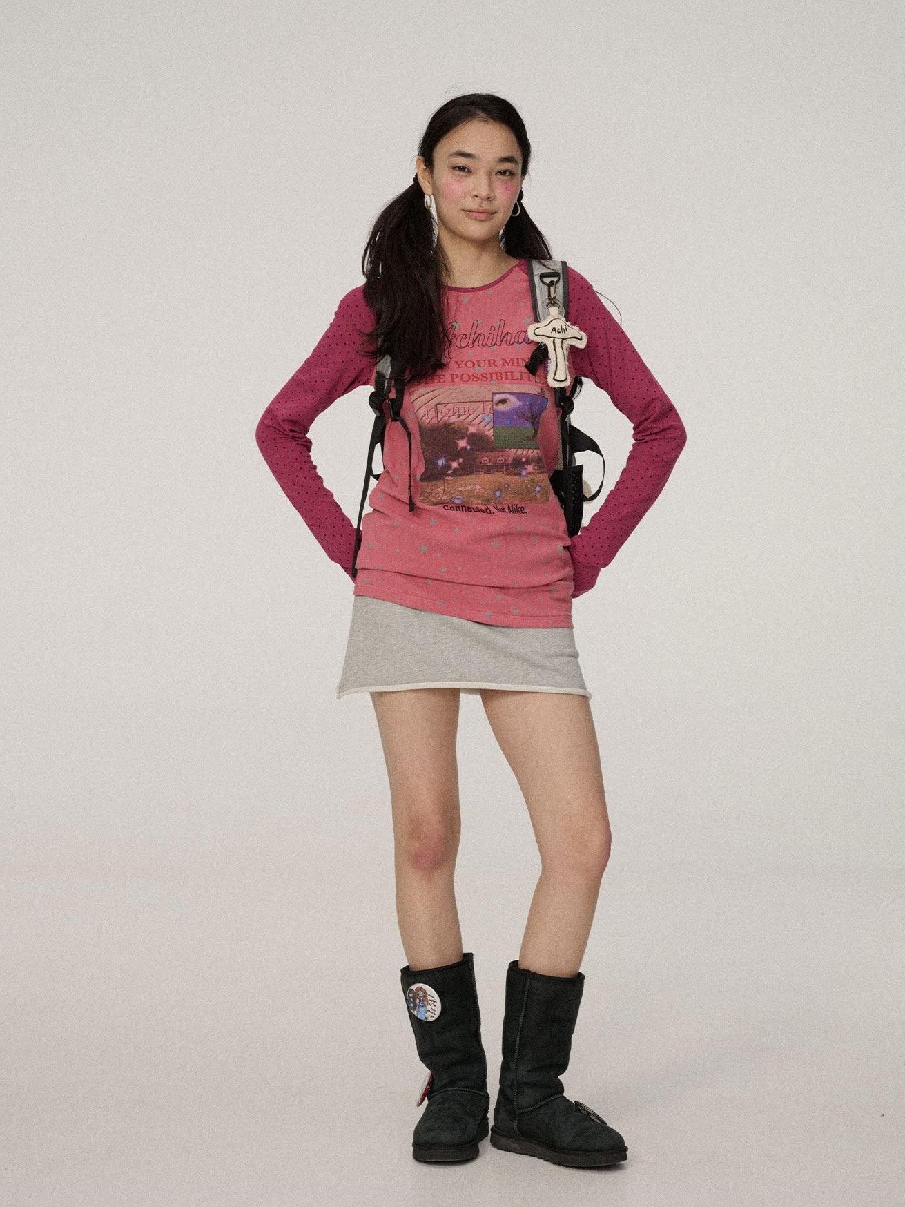 Achihara Polka Dot Patchwork Lettering Women'S Knit Polyester Long Sleeve T-Shirts