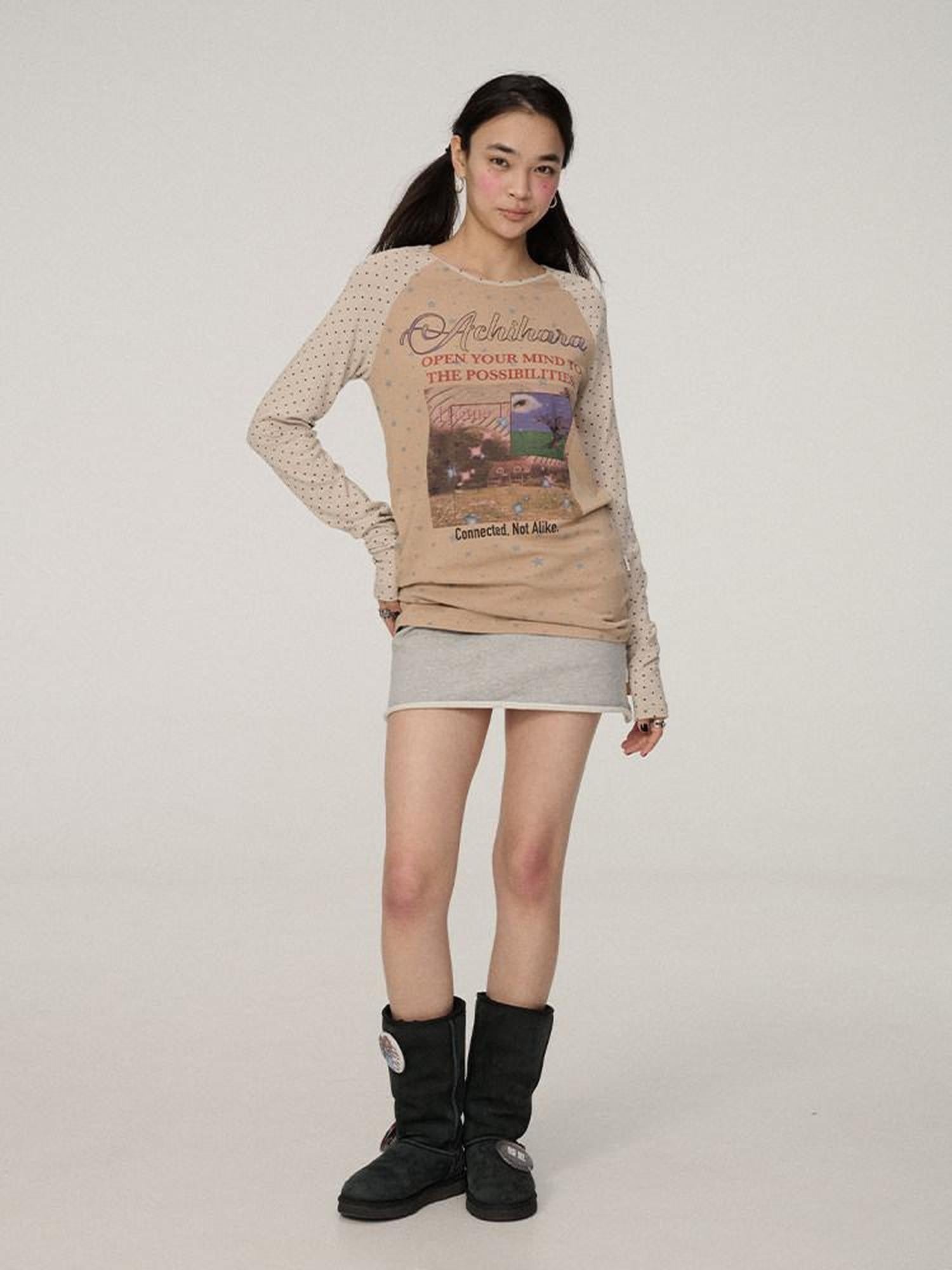 Achihara Polka Dot Patchwork Lettering Women'S Knit Polyester Long Sleeve T-Shirts